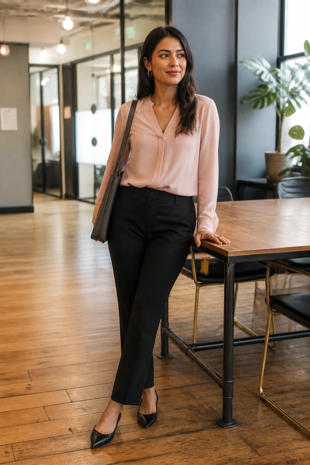Woman in pink blouse and black pants leaning on wooden office table