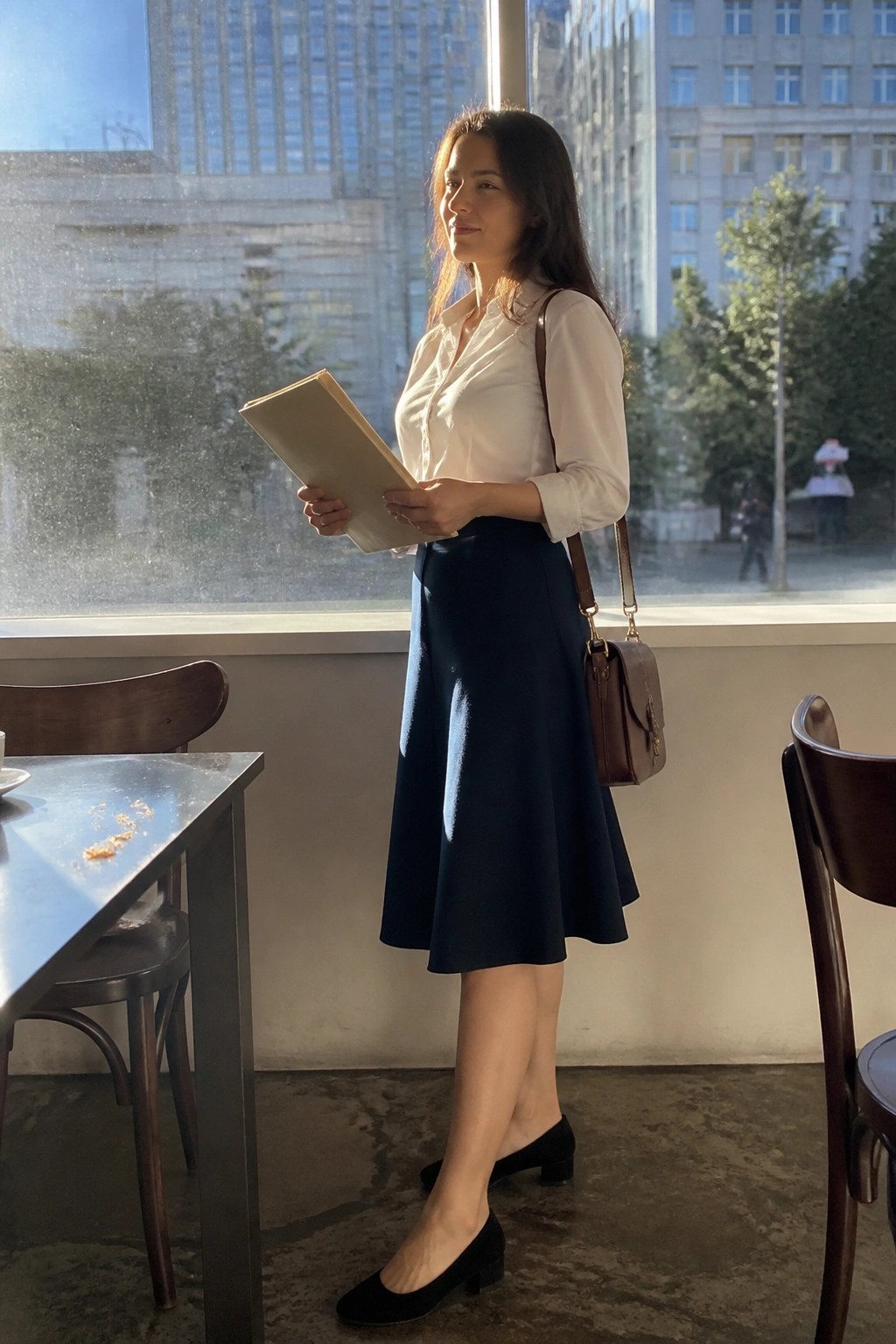 Woman in white blouse and navy skirt holding folder by sunlit city window