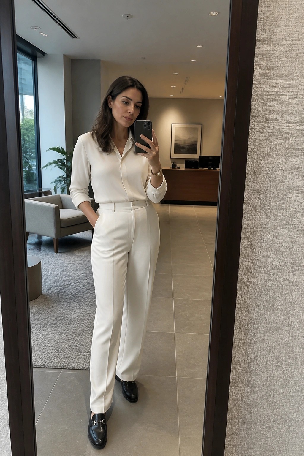 Woman in white blouse and trousers taking mirror selfie in modern office lobby