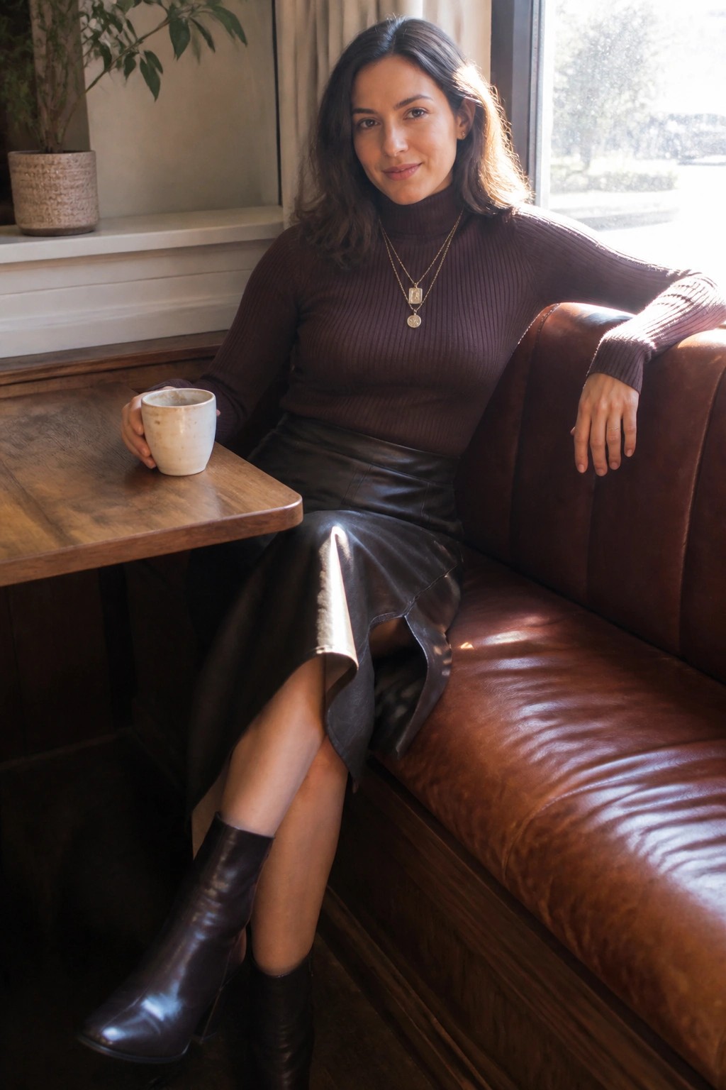 Woman in brown turtleneck and black leather skirt on couch holding mug