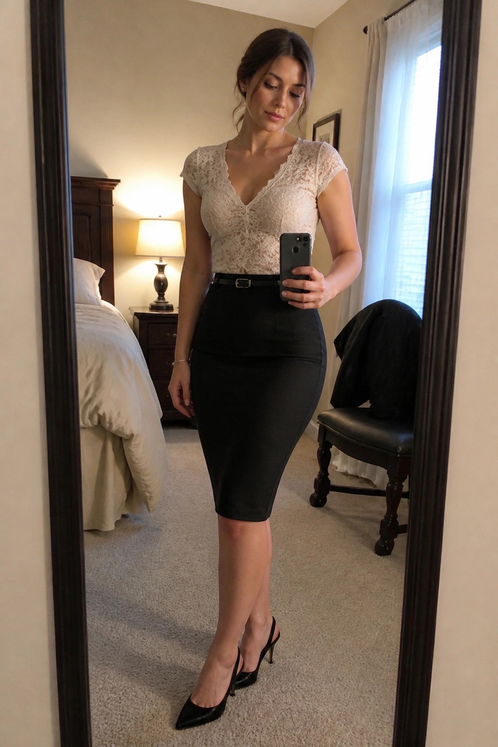 Woman in lace top and black pencil skirt taking bedroom mirror selfie
