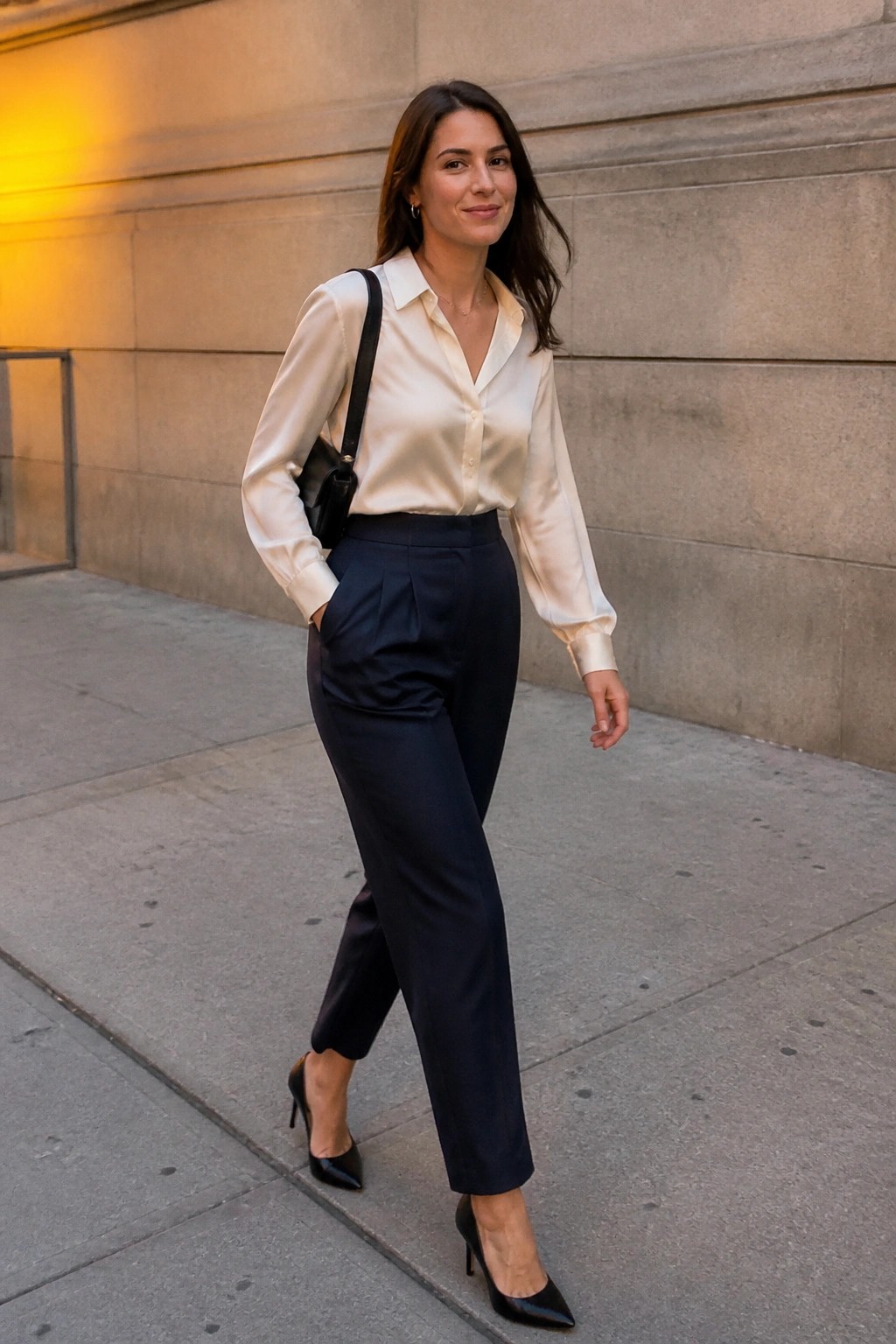 Woman in cream satin blouse and navy pants with black handbag on sidewalk