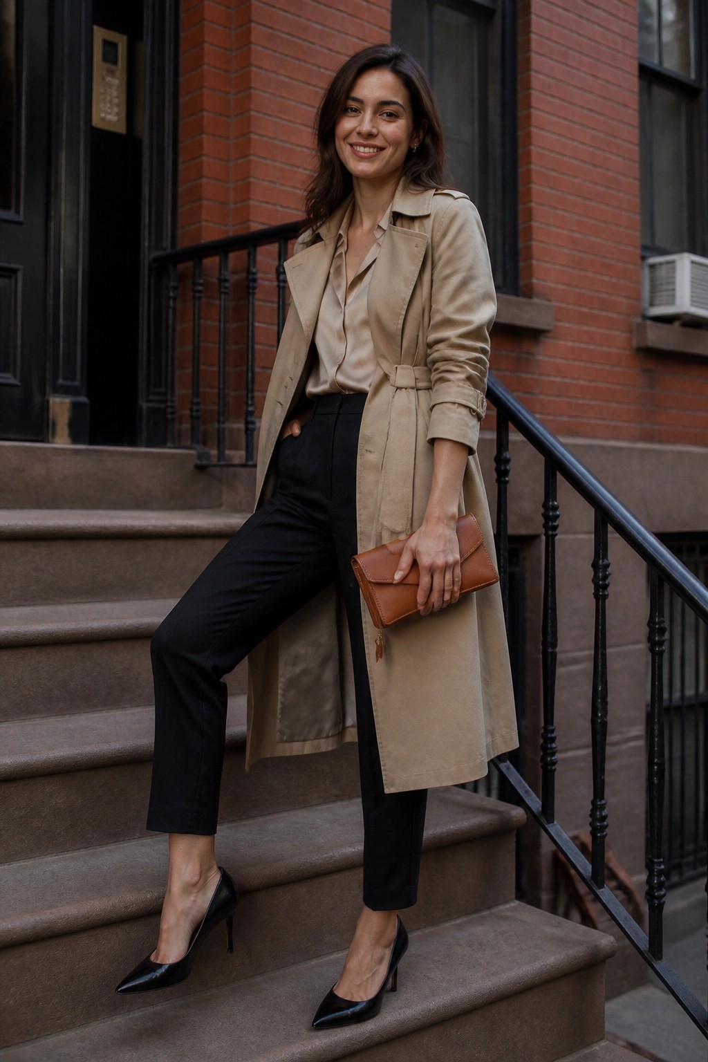 Woman in beige trench coat holding brown clutch on stone steps