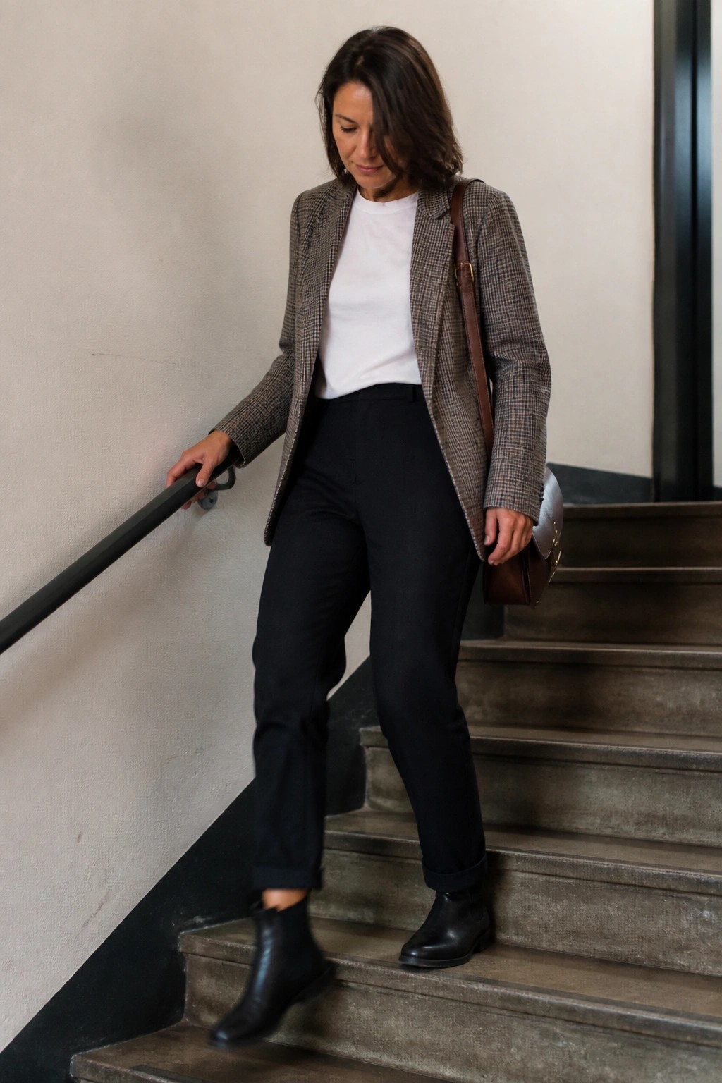 Woman in plaid blazer and black pants descending stairs holding railing