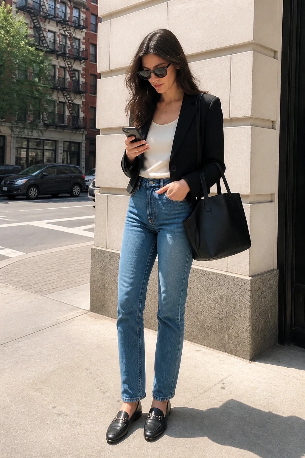 Woman in black blazer and blue jeans checks phone on city sidewalk.