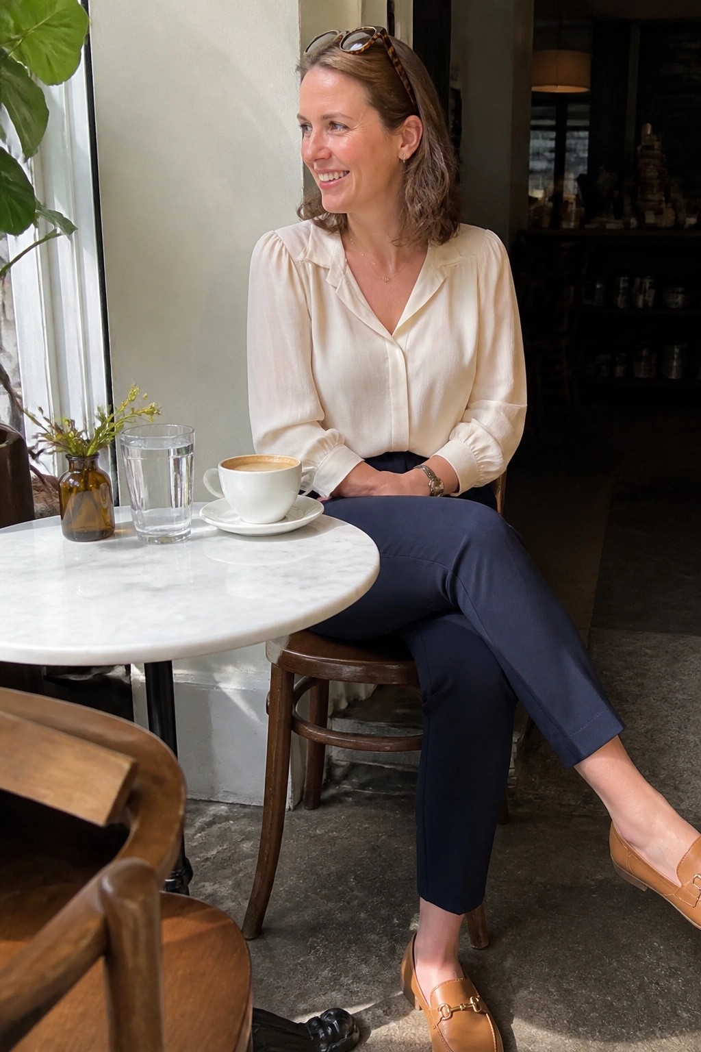 Smiling woman in cream blouse and navy pants at marble cafe table with coffee