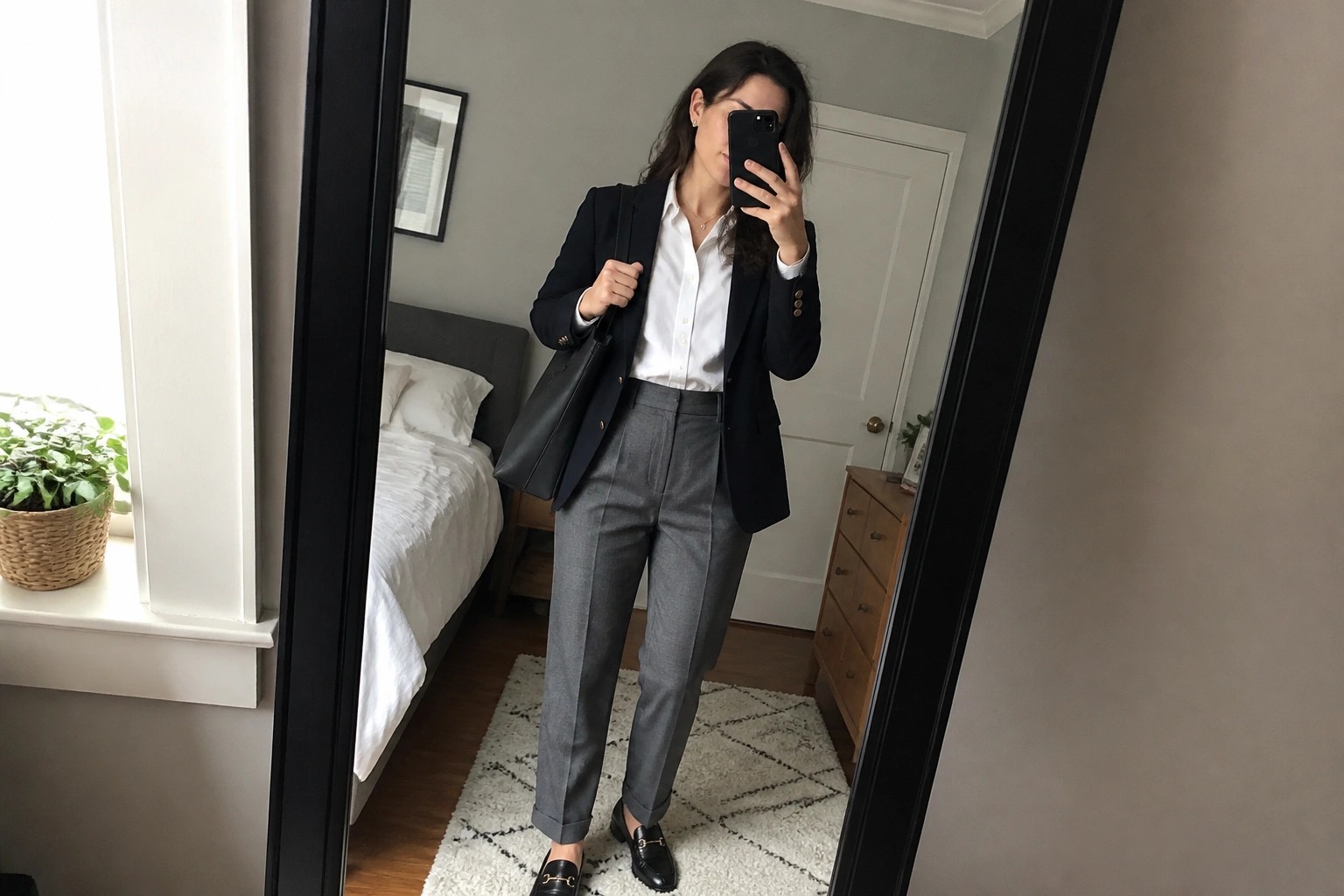 Woman in navy blazer and gray trousers taking mirror selfie in bedroom.