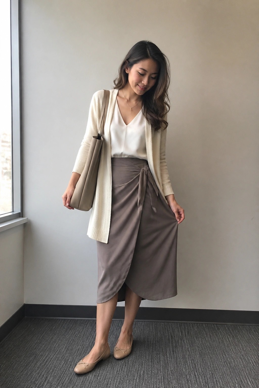 Woman in cream cardigan, white top, taupe wrap skirt holding beige tote bag
