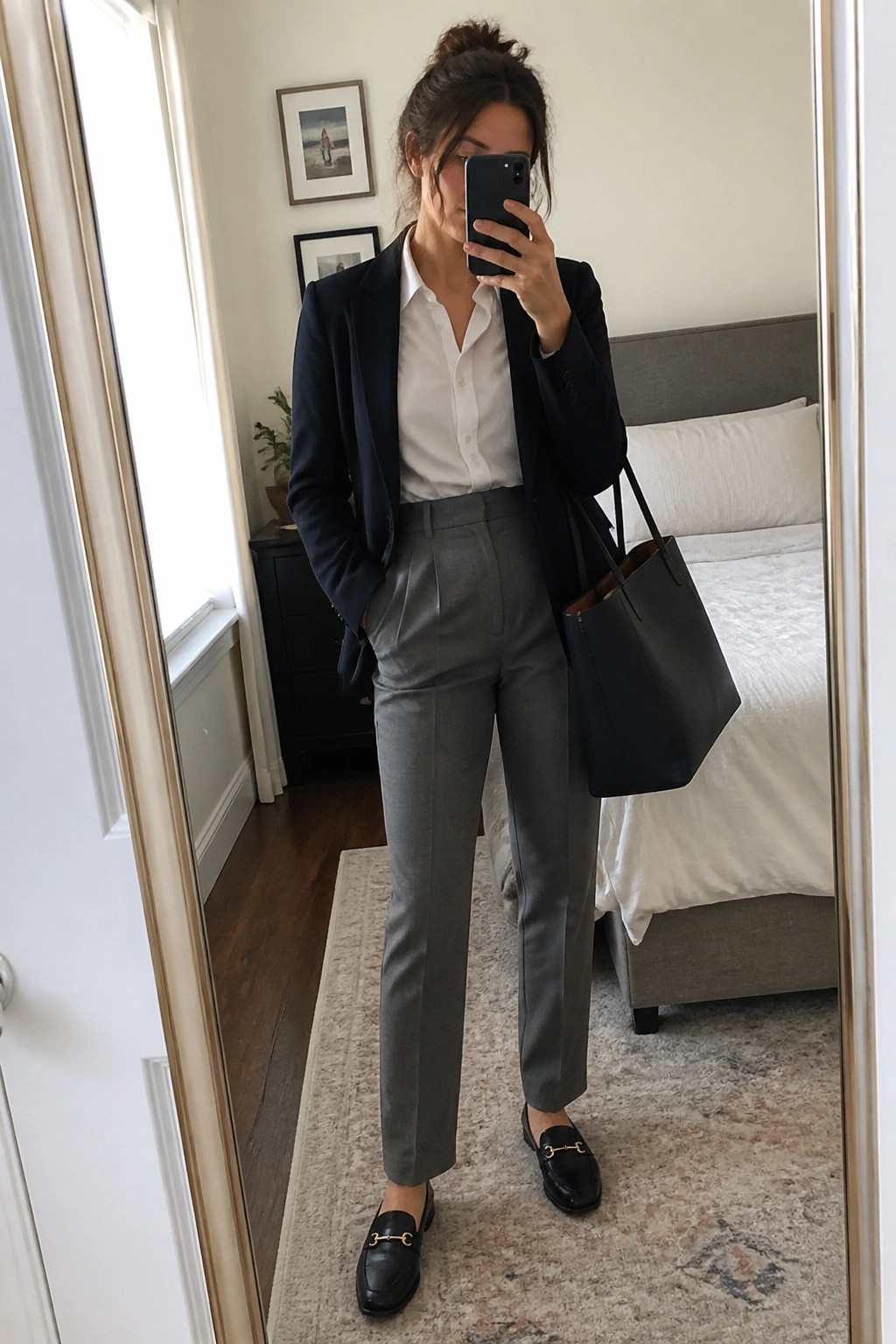 Woman in navy blazer and gray trousers taking mirror selfie in bedroom.