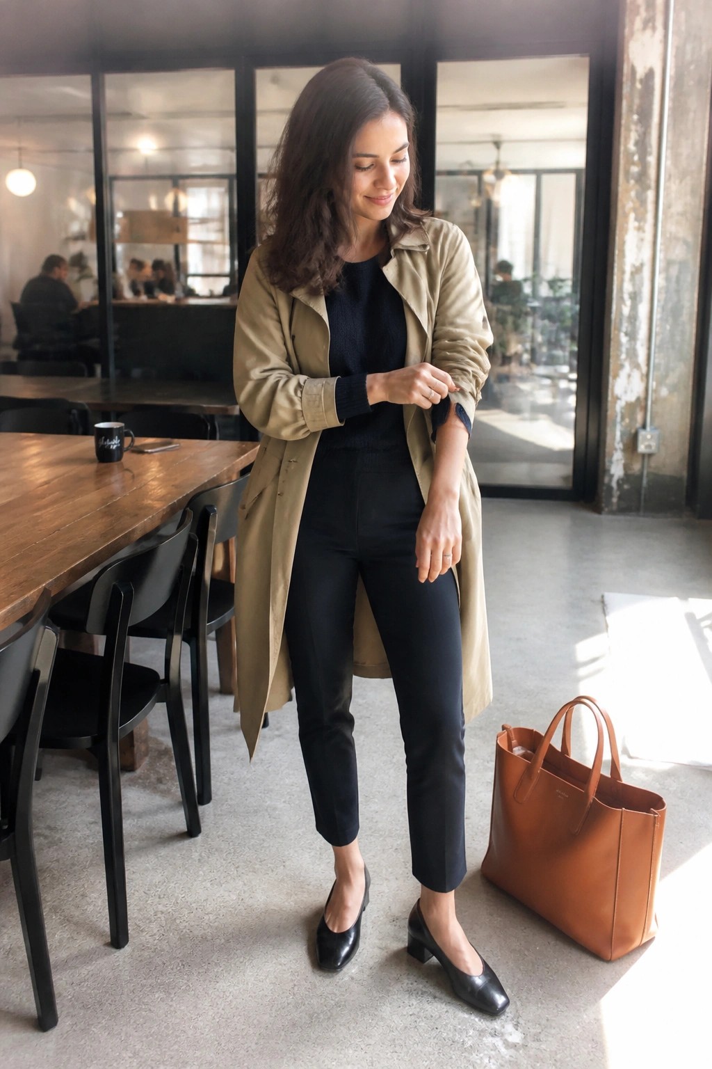 Woman in beige trench coat over black sweater and black pants, paired with black block heel shoes and brown leather tote bag.