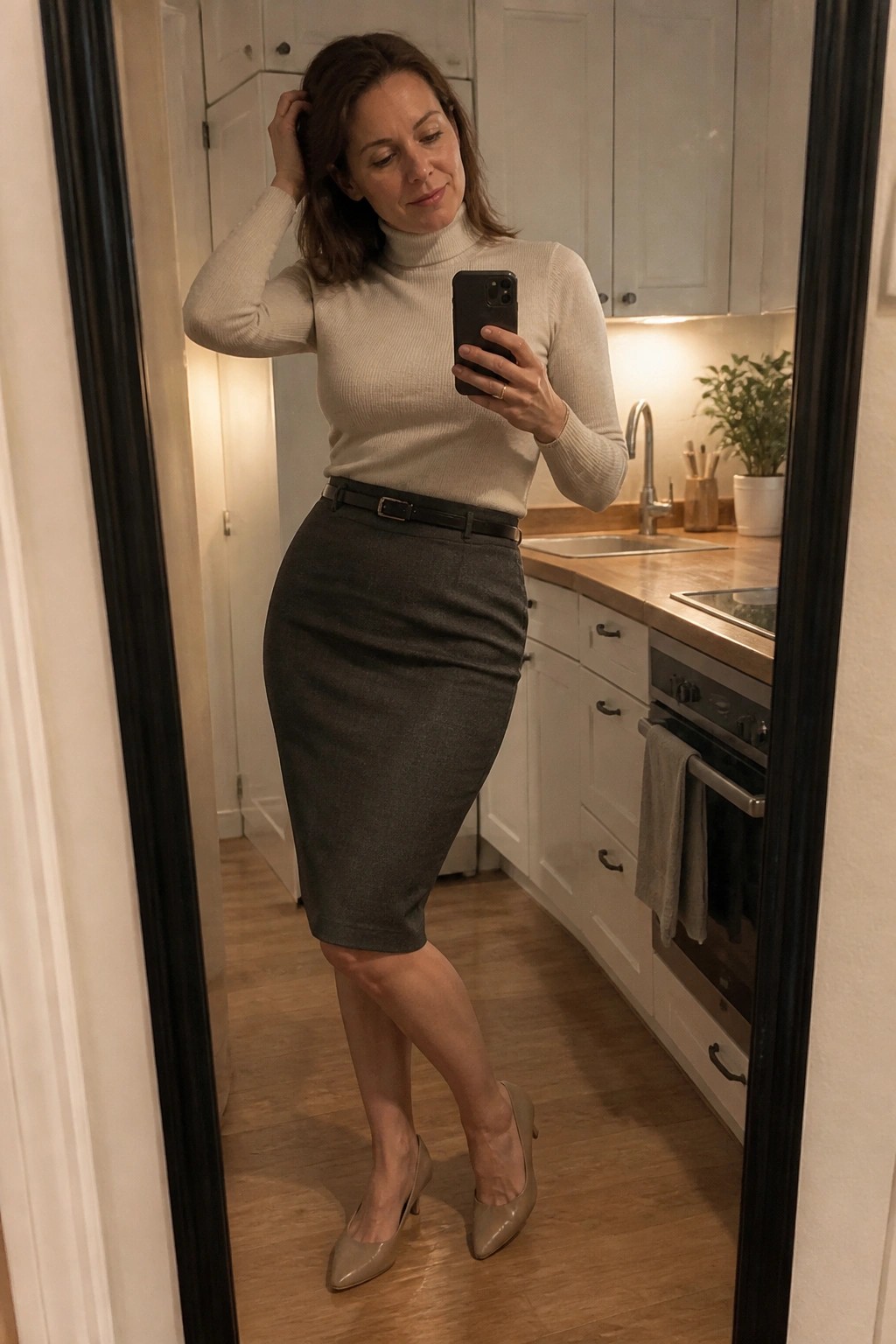 Woman wearing a cream turtleneck sweater tucked into a gray pencil skirt with black belt and beige pointed heels, posing in a mirror selfie.