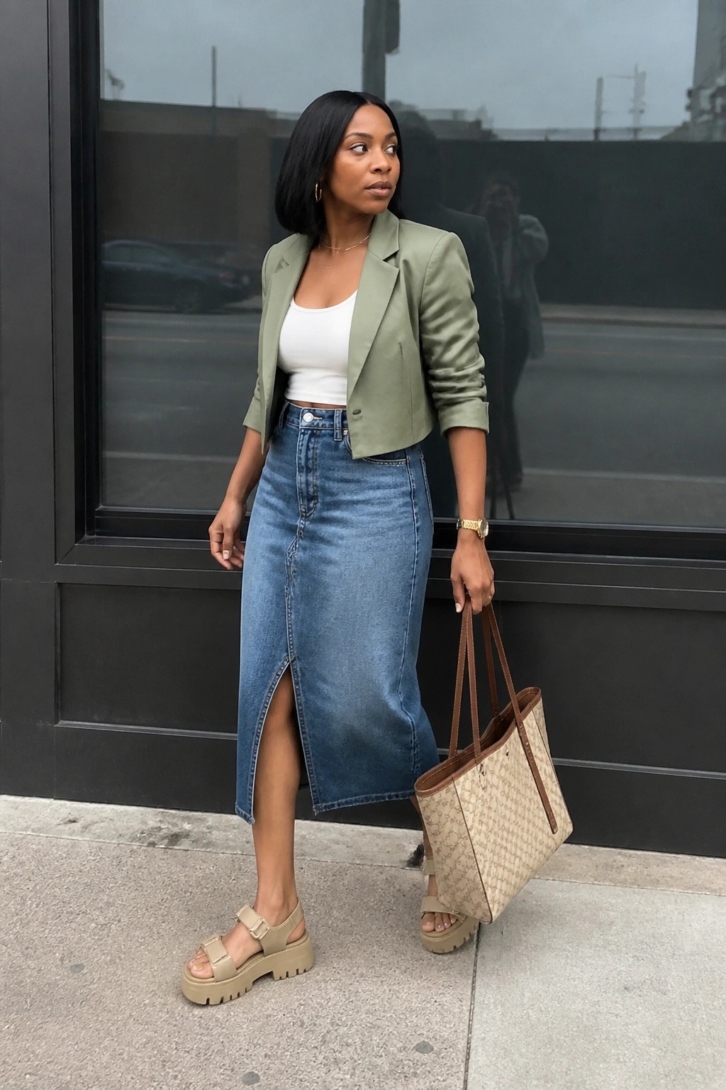 Woman in sage green blazer and denim midi skirt holding monogram tote bag on sidewalk