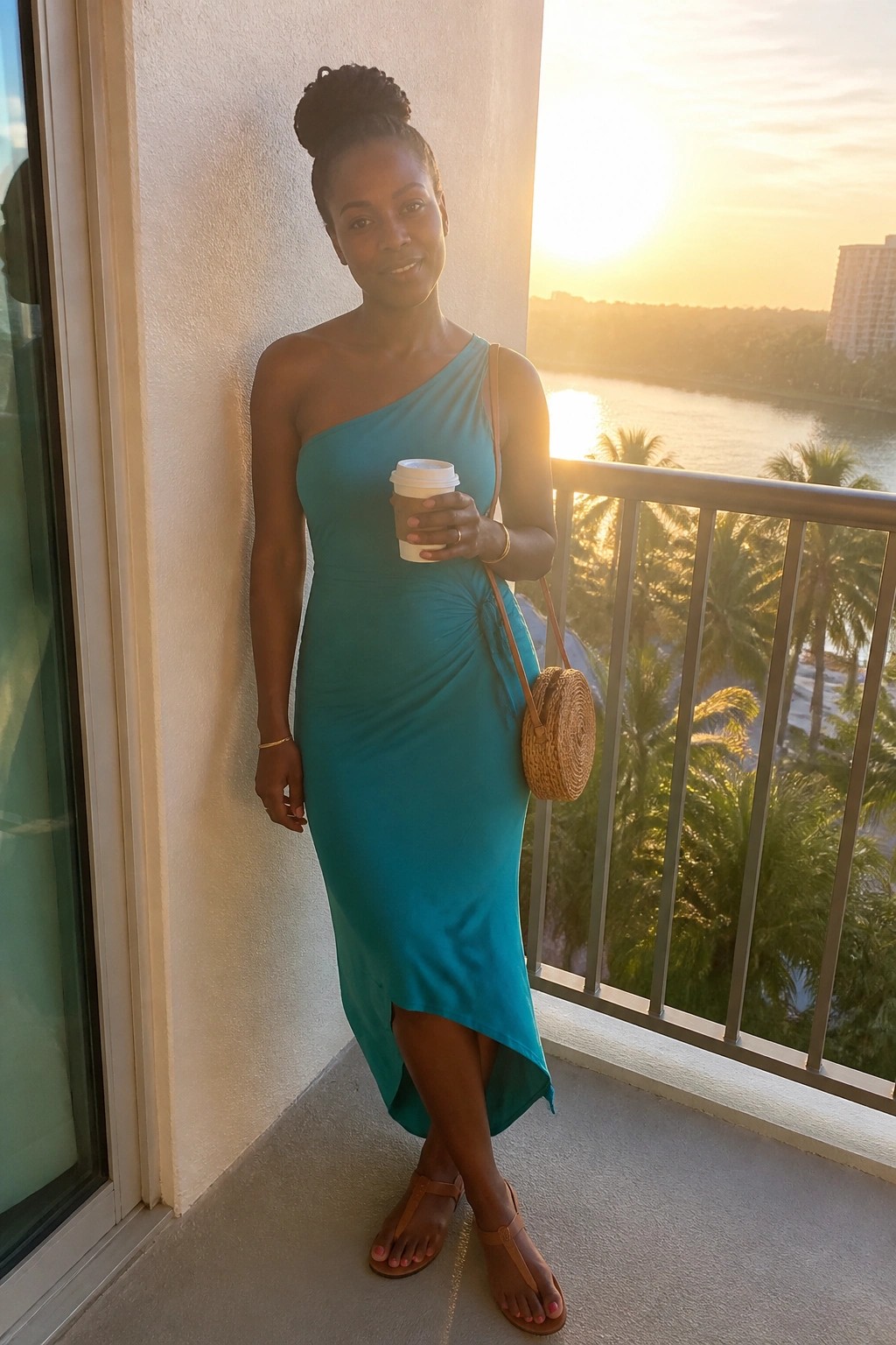 Woman in teal one-shoulder dress holding coffee on sunset balcony with woven bag
