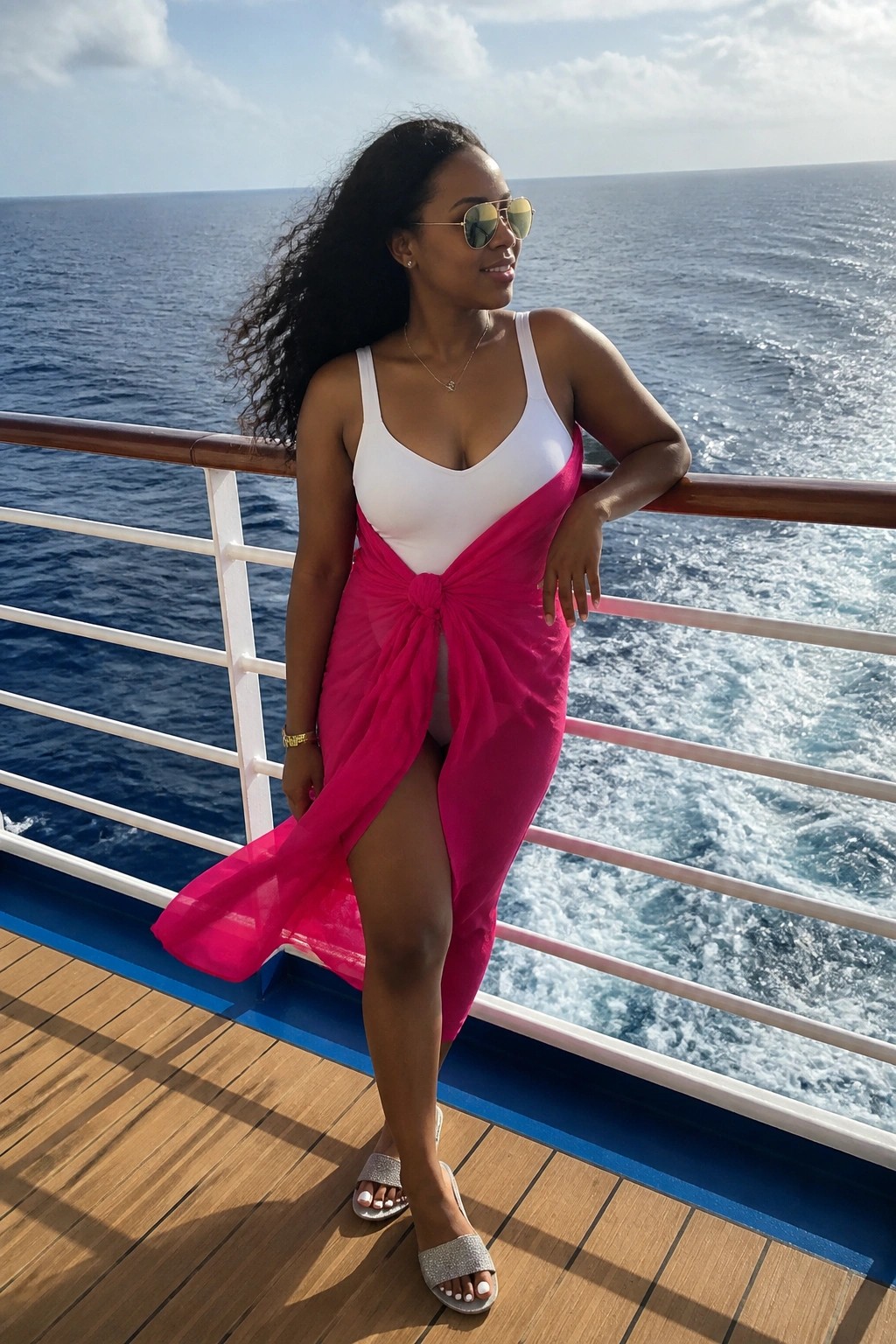 Woman in white swimsuit and pink cover-up posing on cruise ship deck by ocean