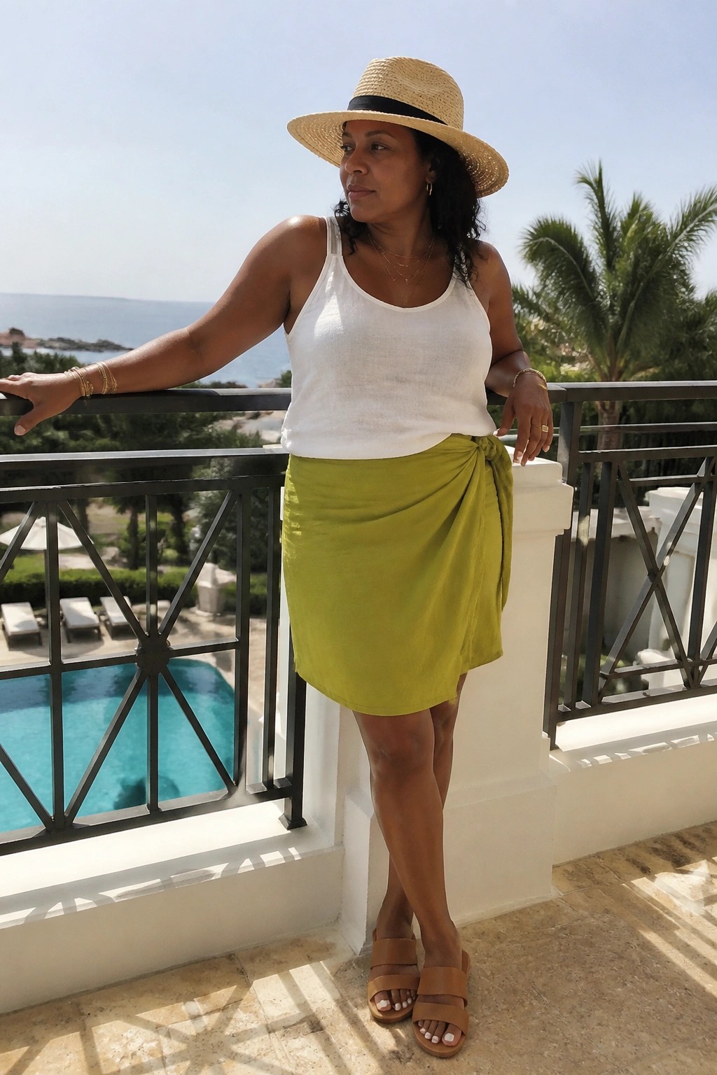 Woman in white tank top, lime wrap skirt, and straw hat on ocean-view balcony