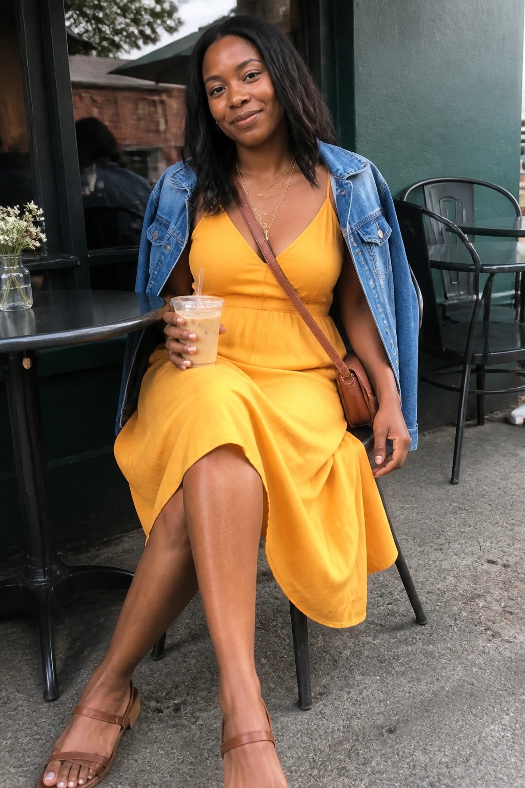 Woman in yellow dress and denim jacket holding iced coffee at outdoor cafe.