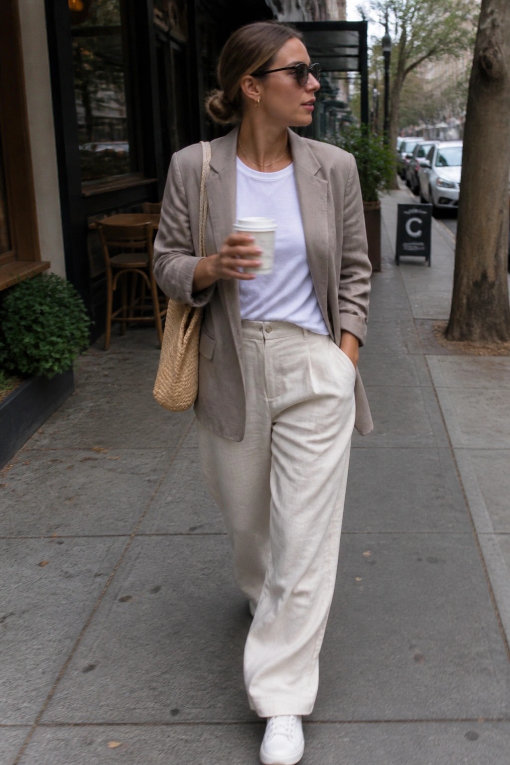Woman in beige blazer and white pants walking city sidewalk with coffee and woven bag