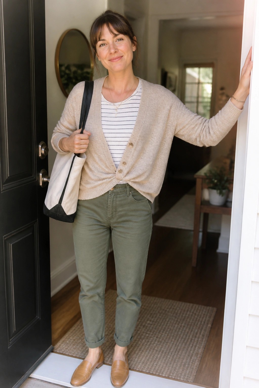 Woman in beige cardigan and green pants stands in home doorway with tote bag