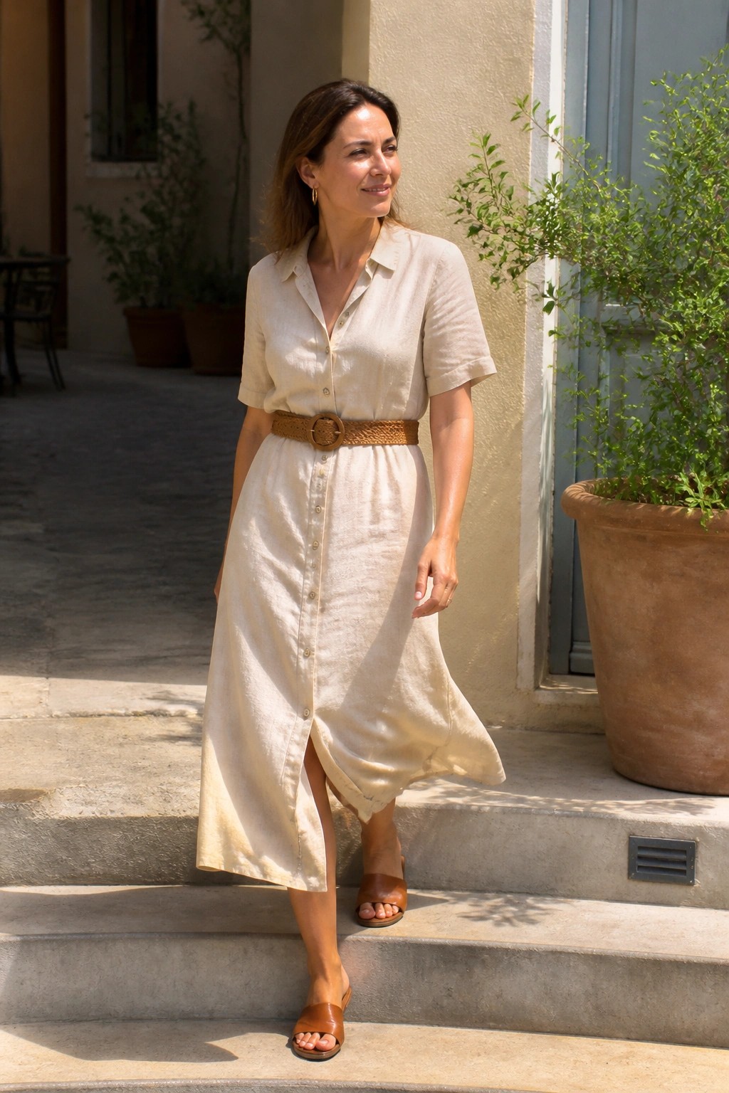 Woman in beige linen shirt dress with brown belt on stone steps