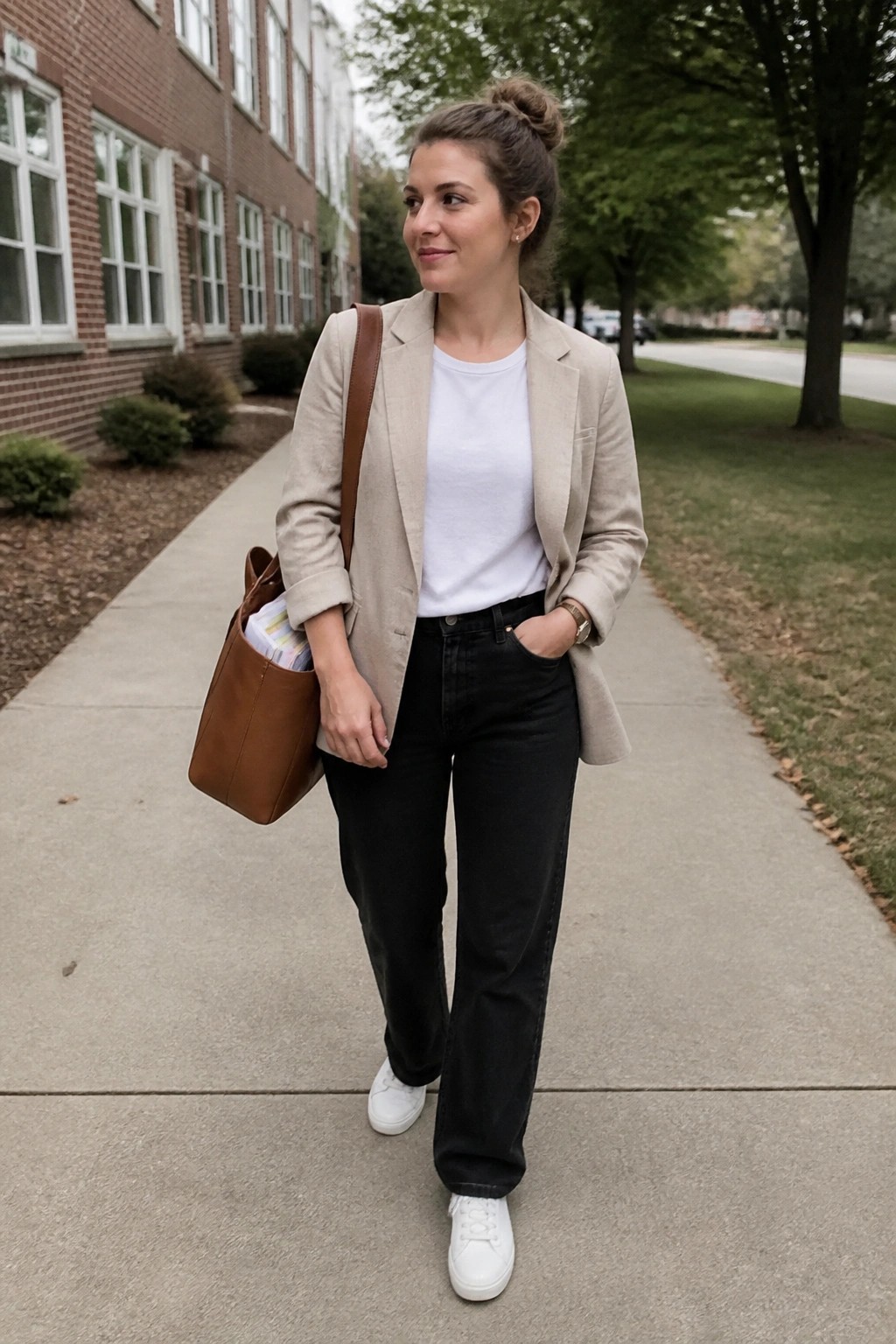Woman in beige blazer, white tee, black jeans with brown tote bag on sidewalk