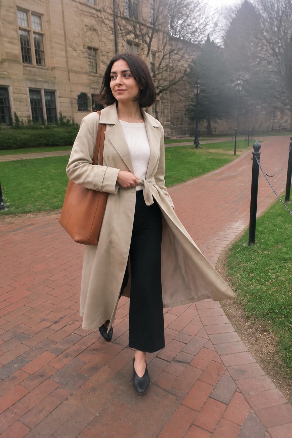 Woman in beige trench coat with brown tote on brick campus path