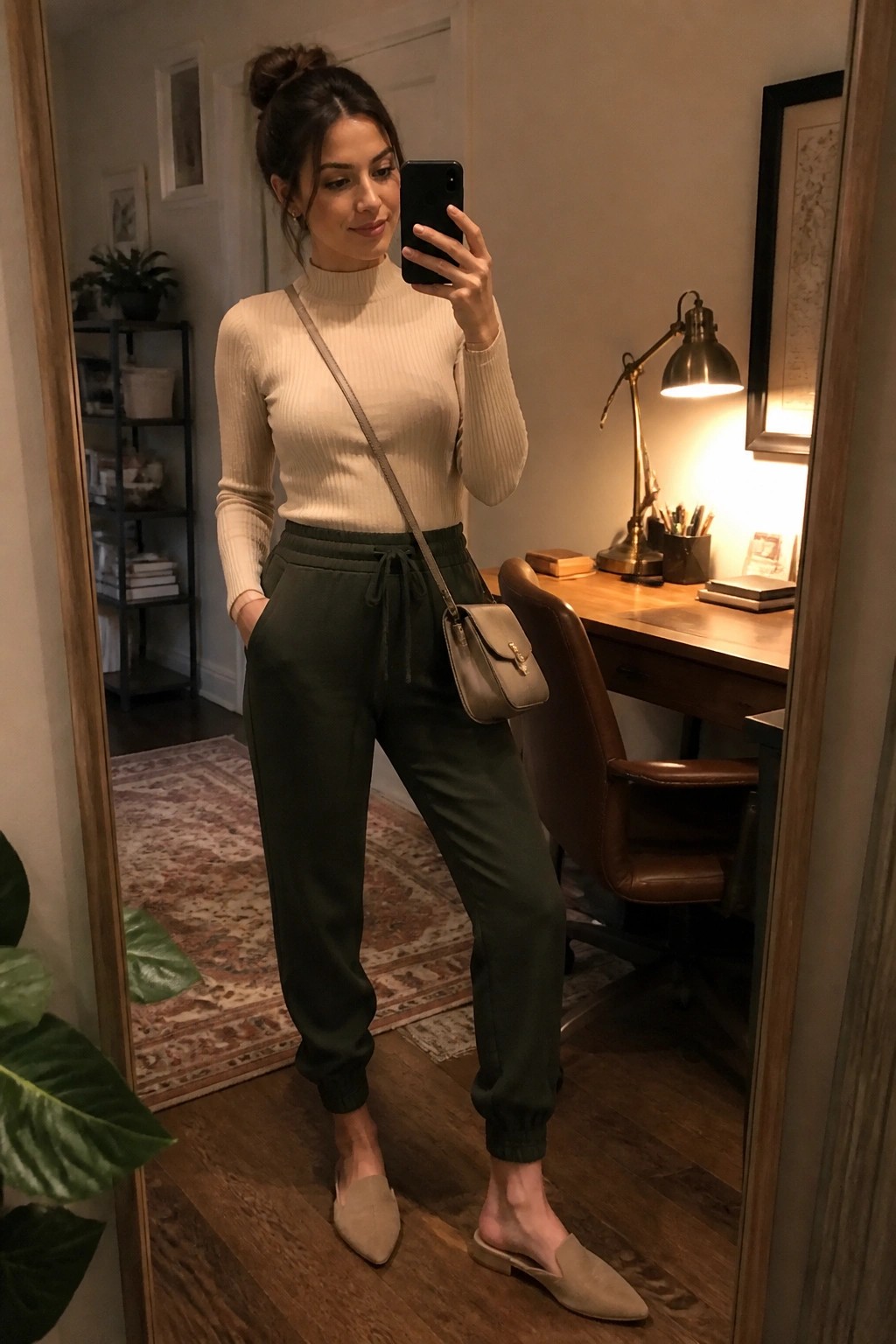 Woman in beige turtleneck and green joggers taking mirror selfie in home office