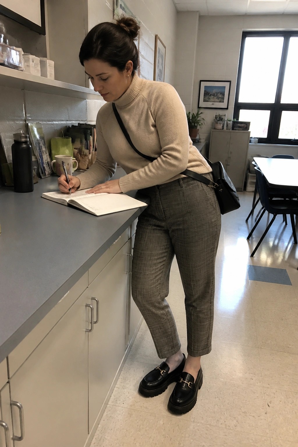 Woman in beige turtleneck and plaid pants writes in notebook at counter