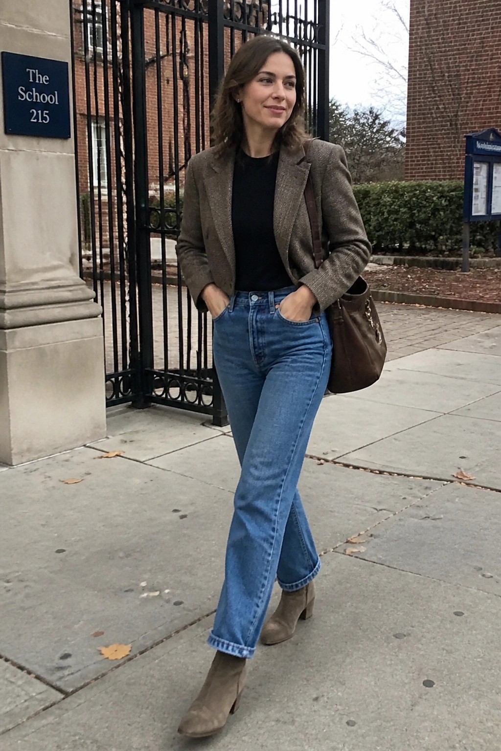 Woman in brown blazer and cuffed jeans stands by brick school gate.
