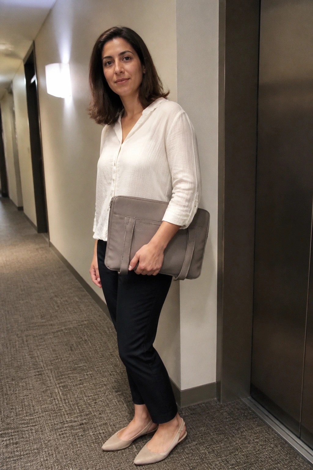 Woman in white blouse holding gray clutch in office hallway