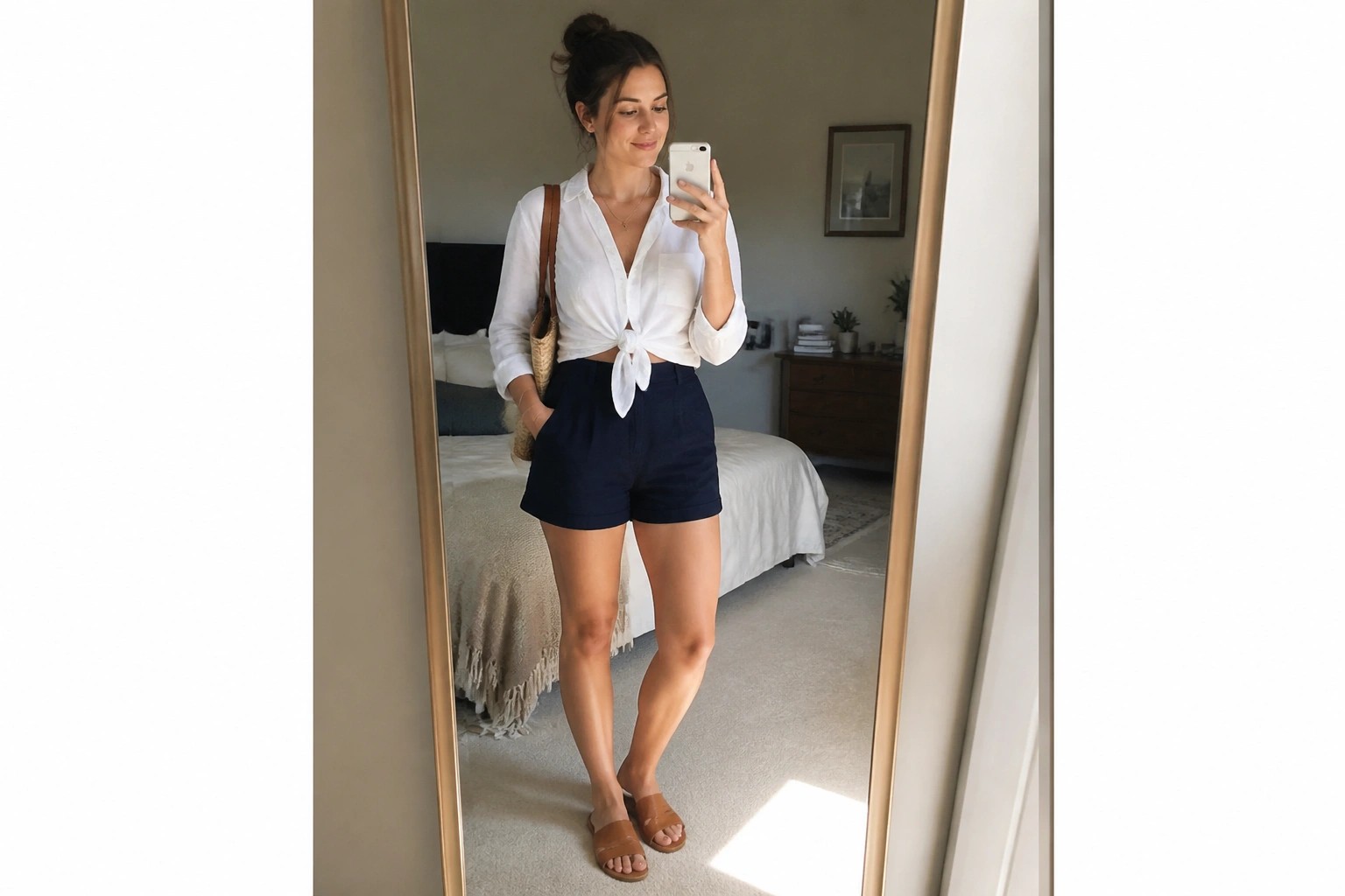 Woman in white tied shirt and navy shorts taking mirror selfie in bedroom