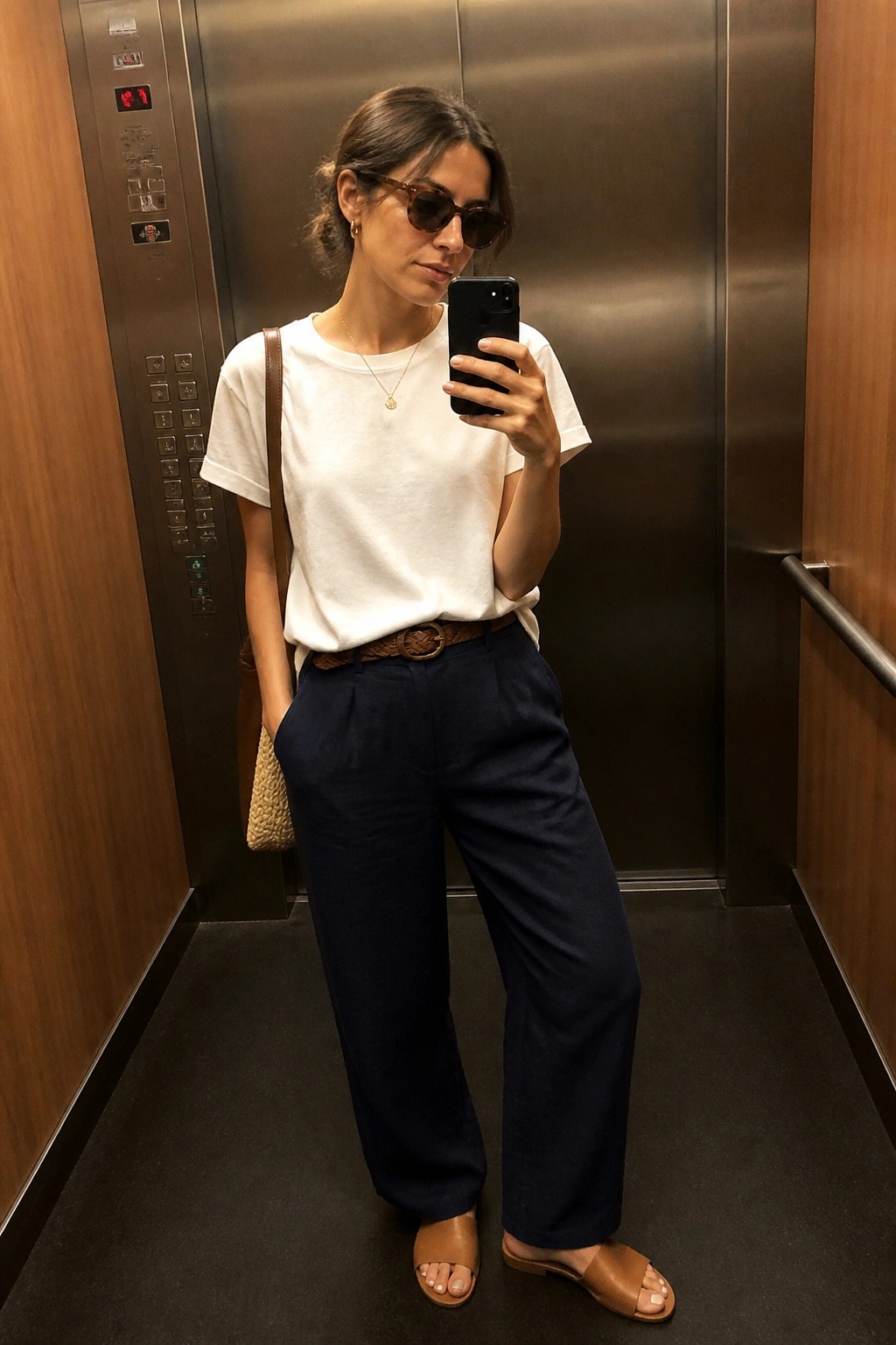 Woman in white tee and navy pants taking elevator mirror selfie with woven bag