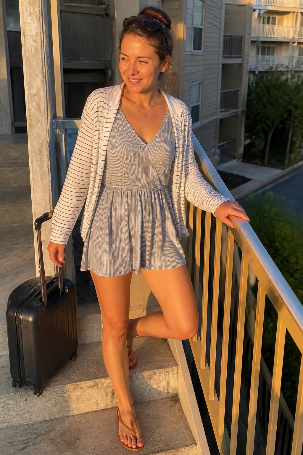 Woman in striped romper and cardigan posing on stairs with black suitcase.
