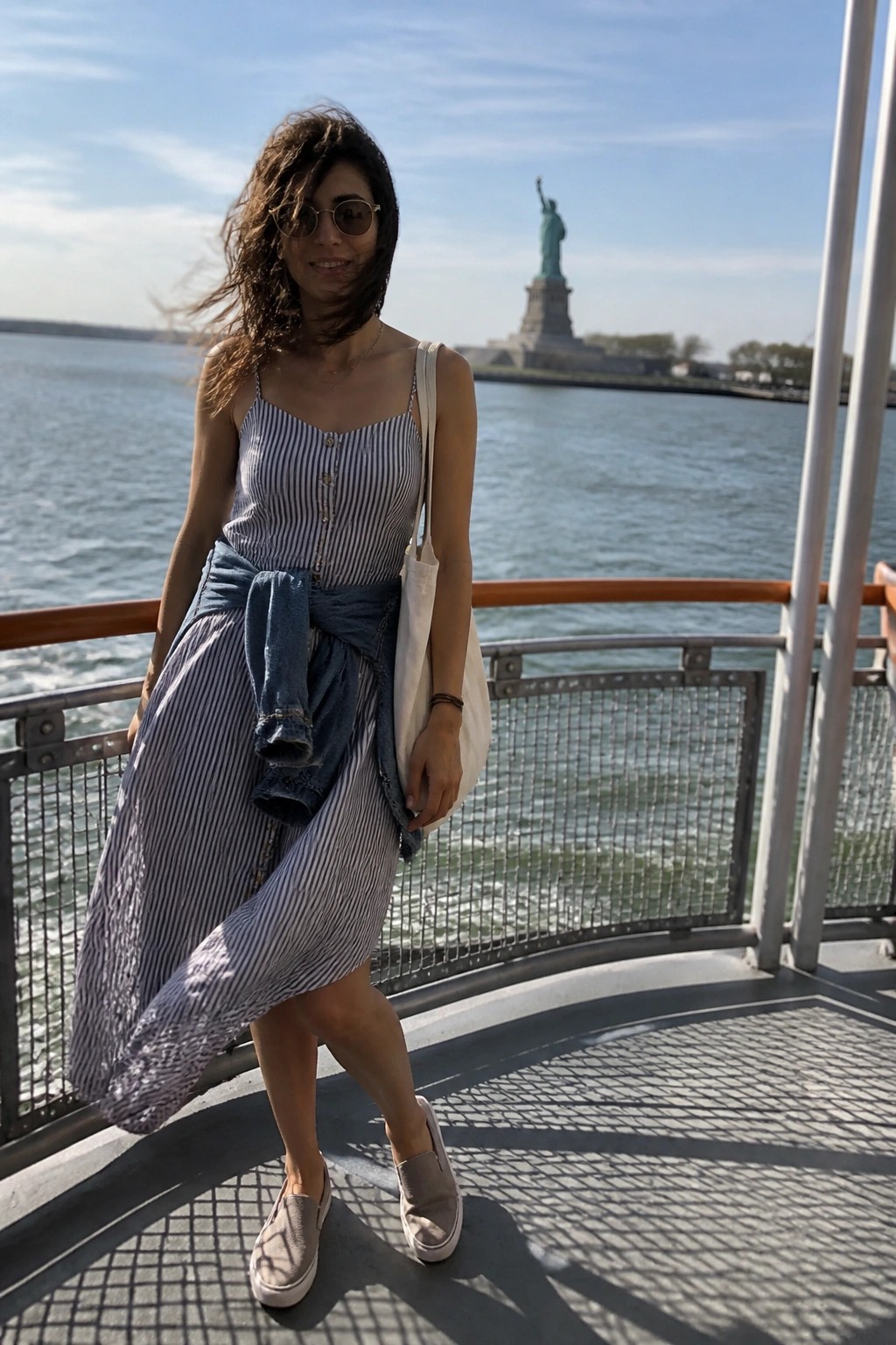 Woman in striped sundress with tied denim jacket on ferry near Statue of Liberty