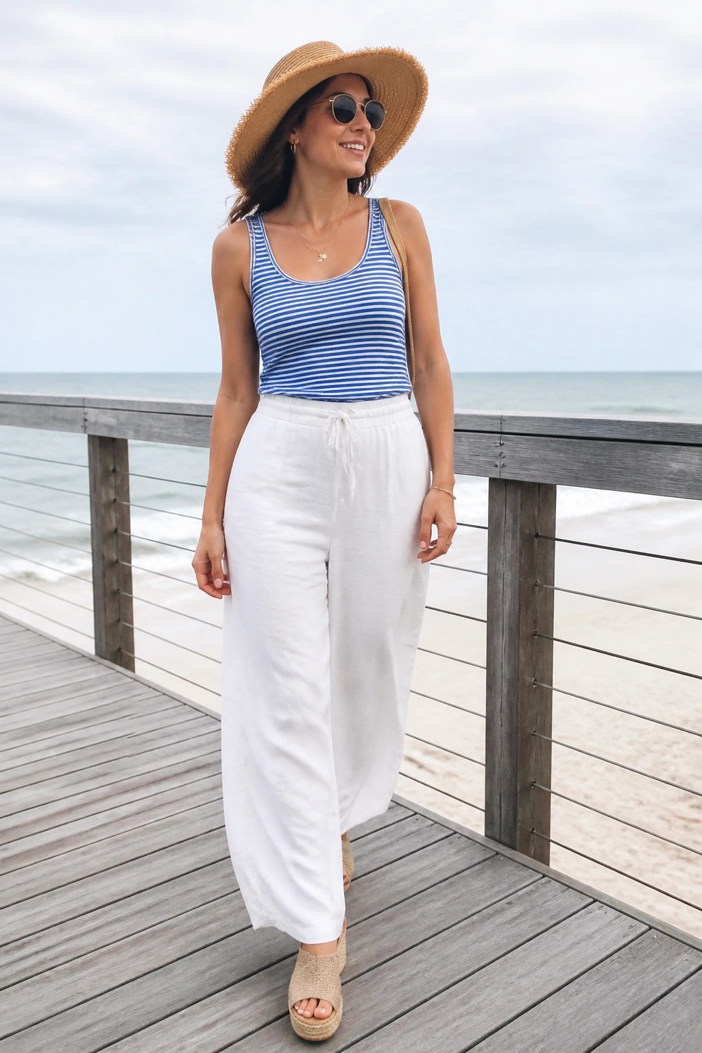 Woman in striped tank top and white pants with straw hat on beach boardwalk