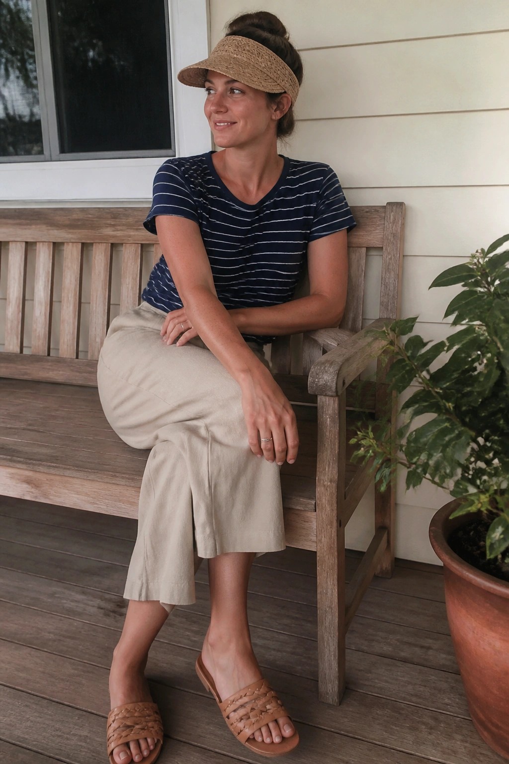 Woman in striped tee, beige skirt and visor seated on wooden porch bench