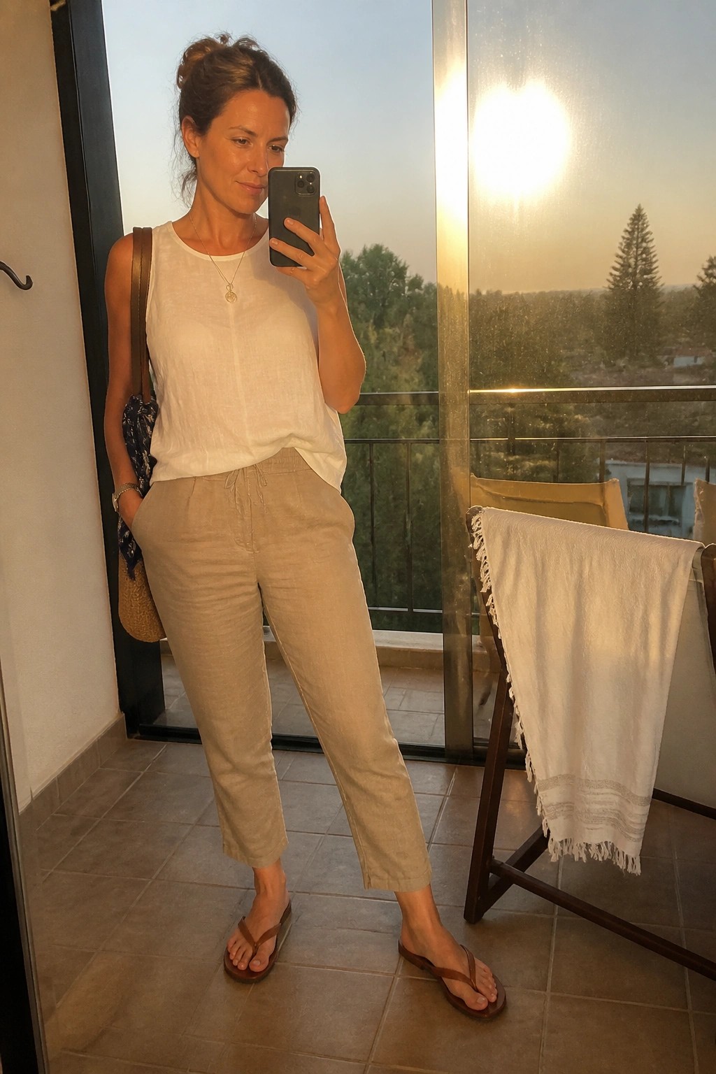 Woman in white top and beige pants taking balcony mirror selfie at sunset.