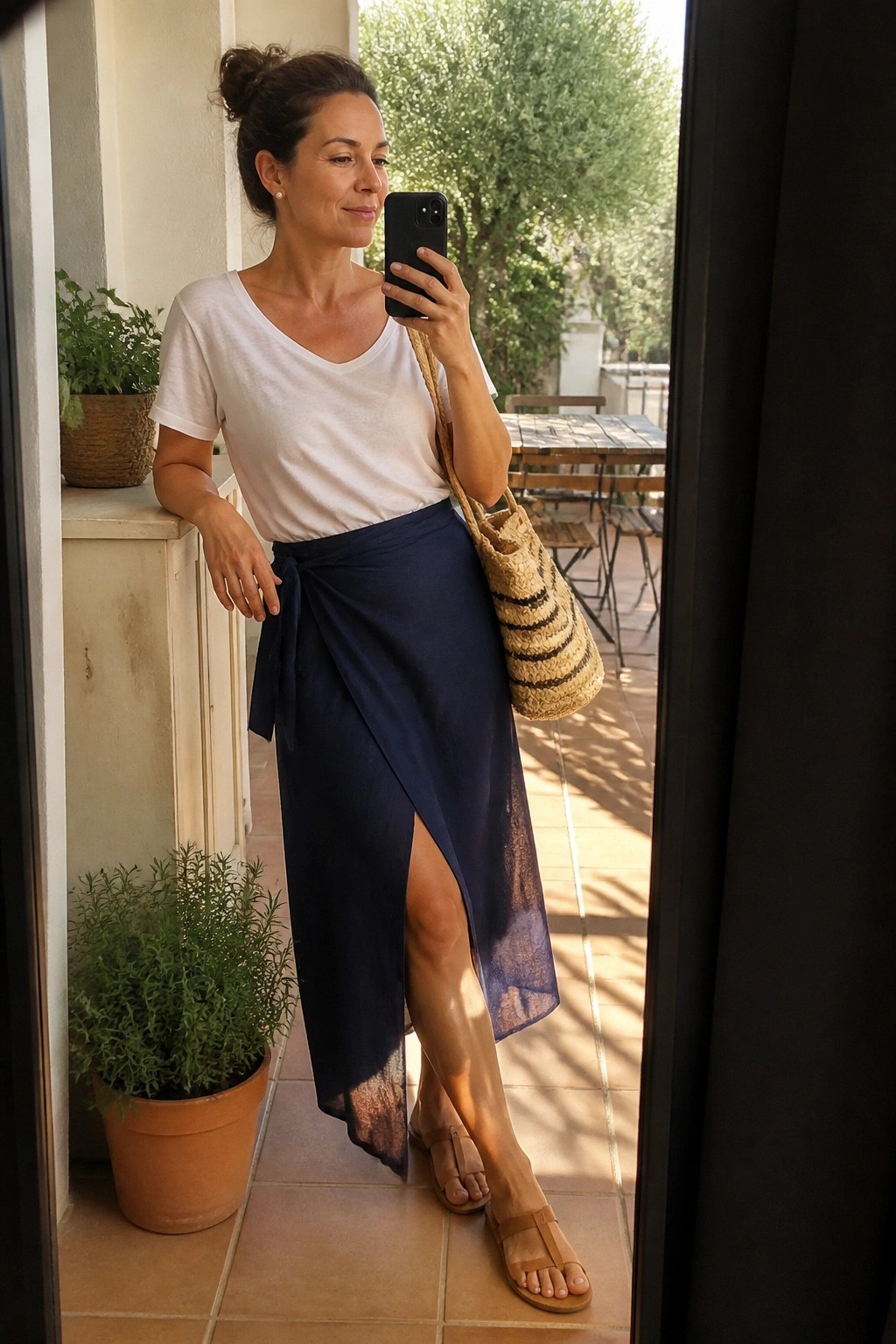 Woman in white tee and navy wrap skirt holds phone with straw bag on patio