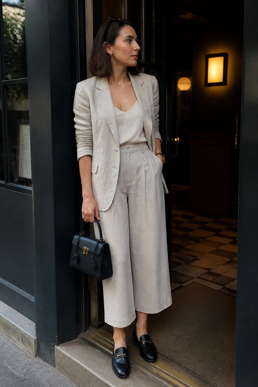 Woman in beige linen blazer and matching wide cropped trousers with cream camisole black loafers and black handbag standing by doorway.