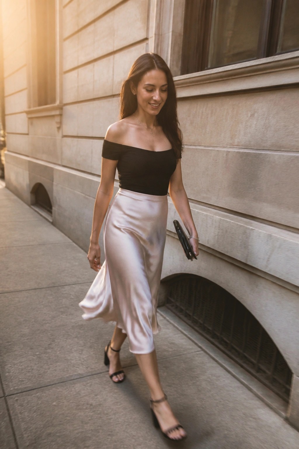 Woman wearing black off shoulder top and light pink satin midi skirt paired with black block heel sandals and clutch while walking outdoors.