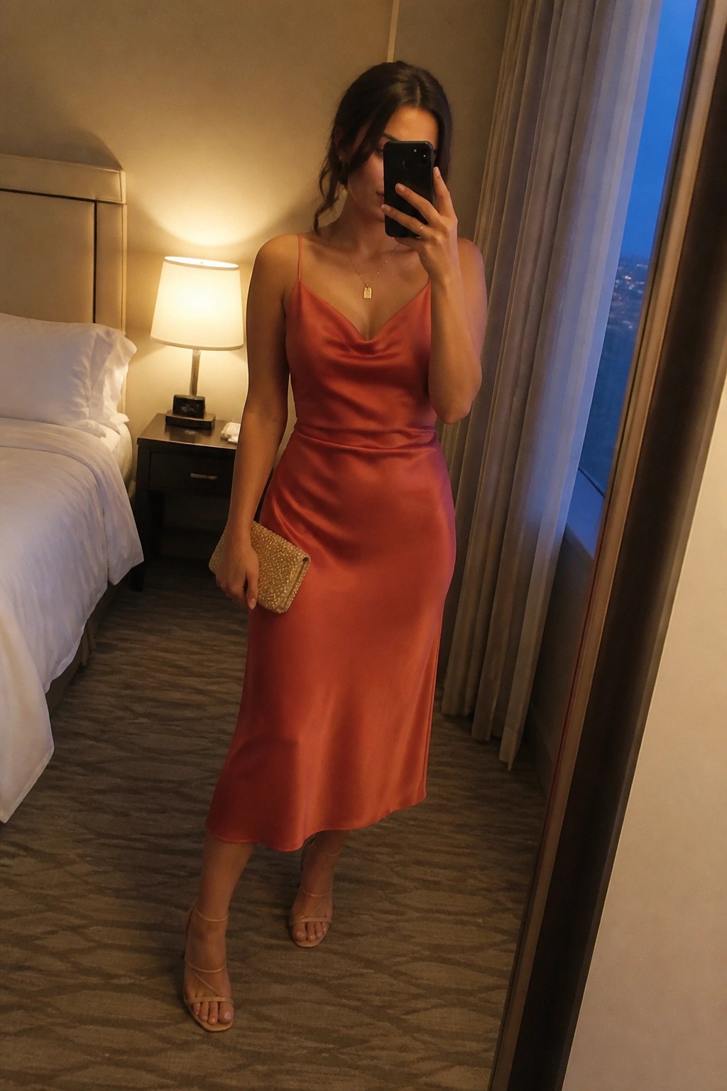Woman wearing a coral satin midi slip dress with thin straps, cowl neck, holding a gold beaded clutch, paired with nude strappy heels and a delicate gold necklace in a mirror selfie.