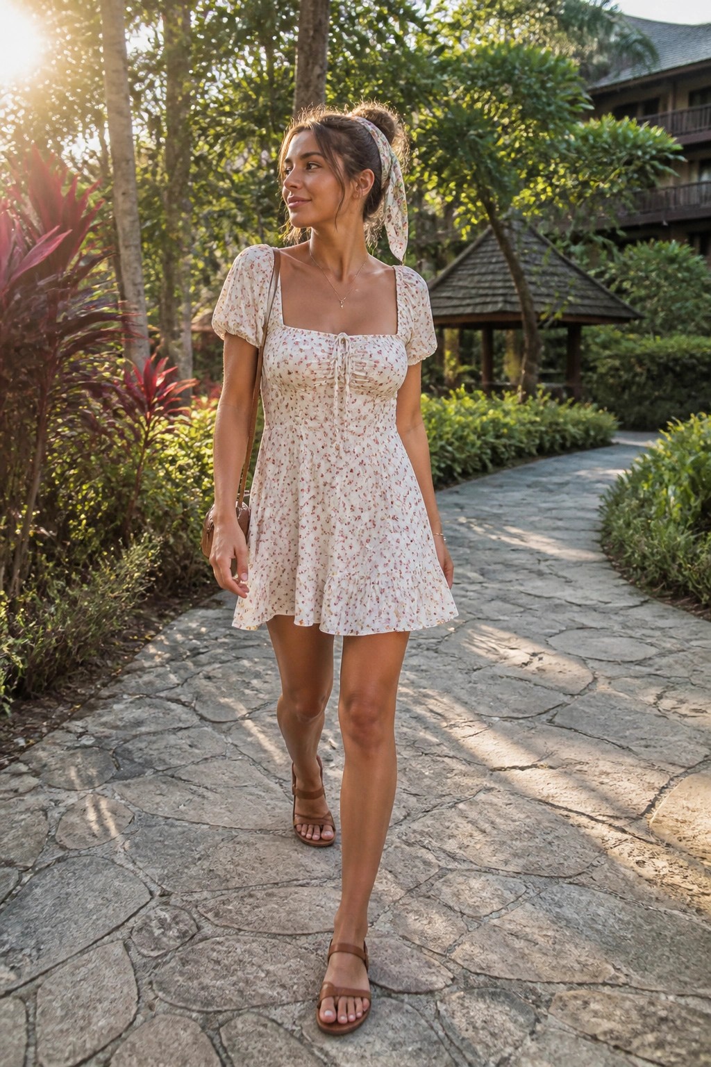 Woman in floral mini dress and headscarf walking on tropical stone path