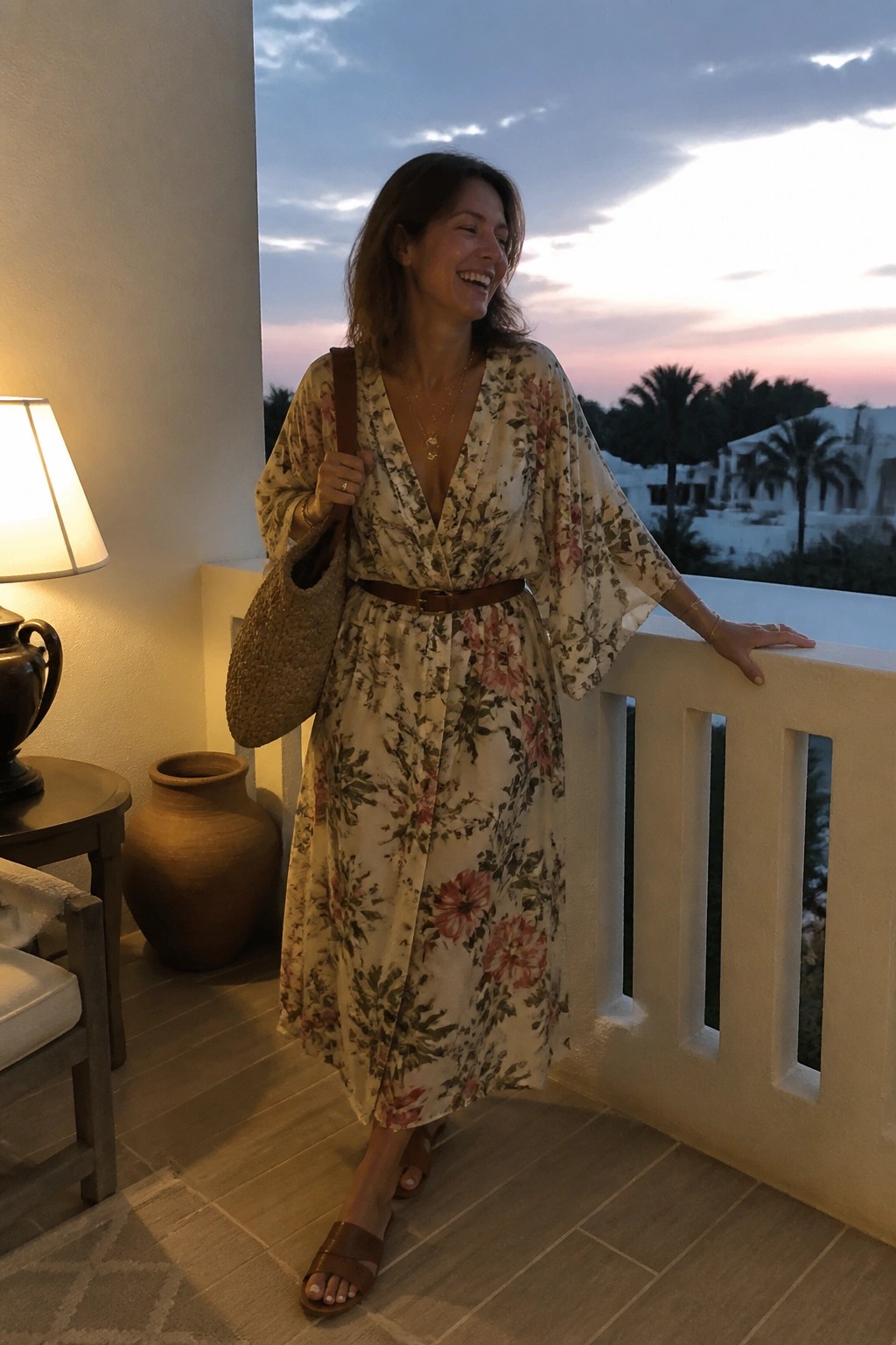 Woman in floral wrap midi dress with kimono sleeves, brown leather belt, layered necklaces, woven straw bag, and brown slide sandals