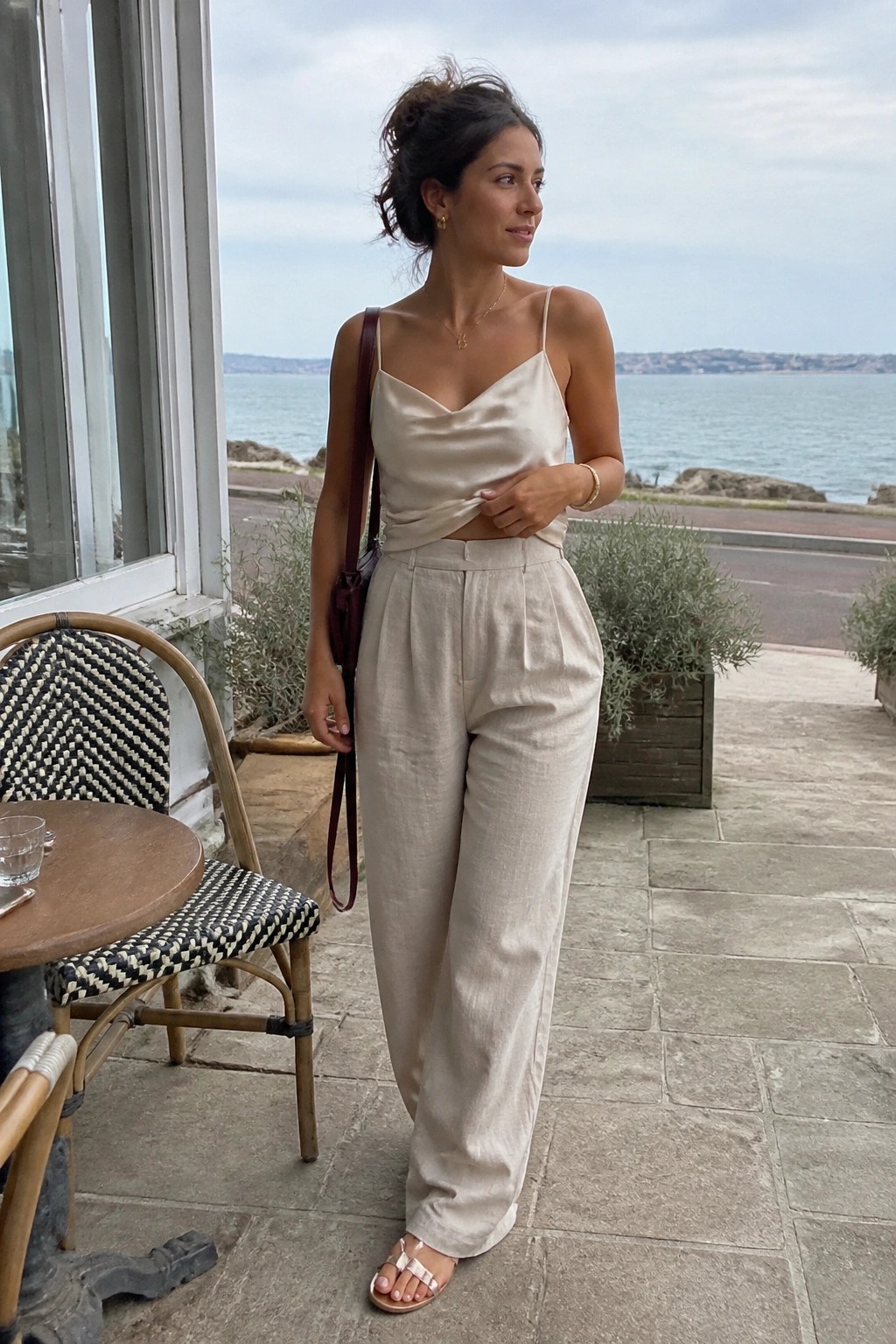 Woman in beige satin camisole and wide linen pants by the sea.