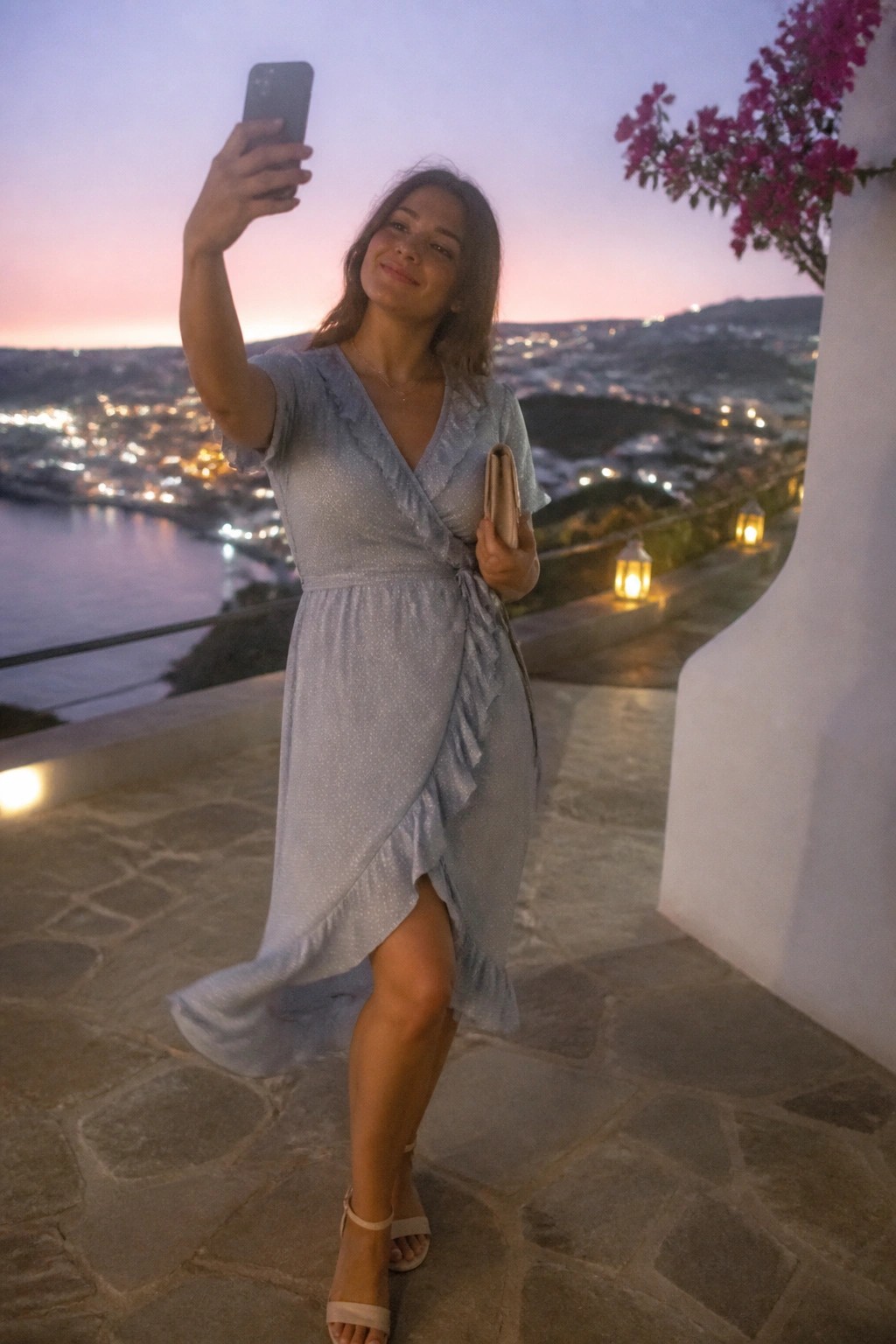 Woman in sparkly light blue dress taking selfie on dusk terrace overlooking town lights
