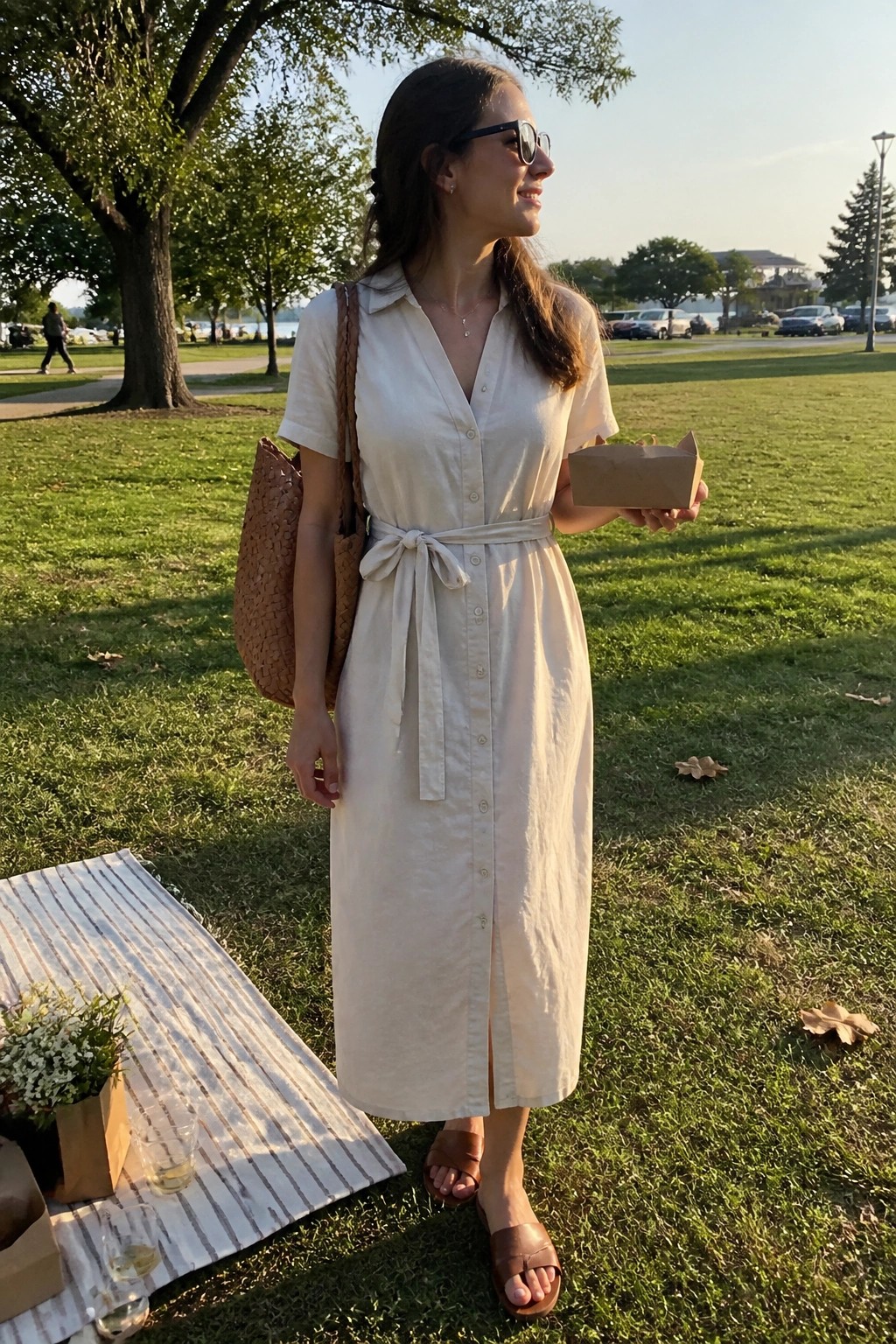 Woman in beige button-down dress holding takeout at sunny park picnic