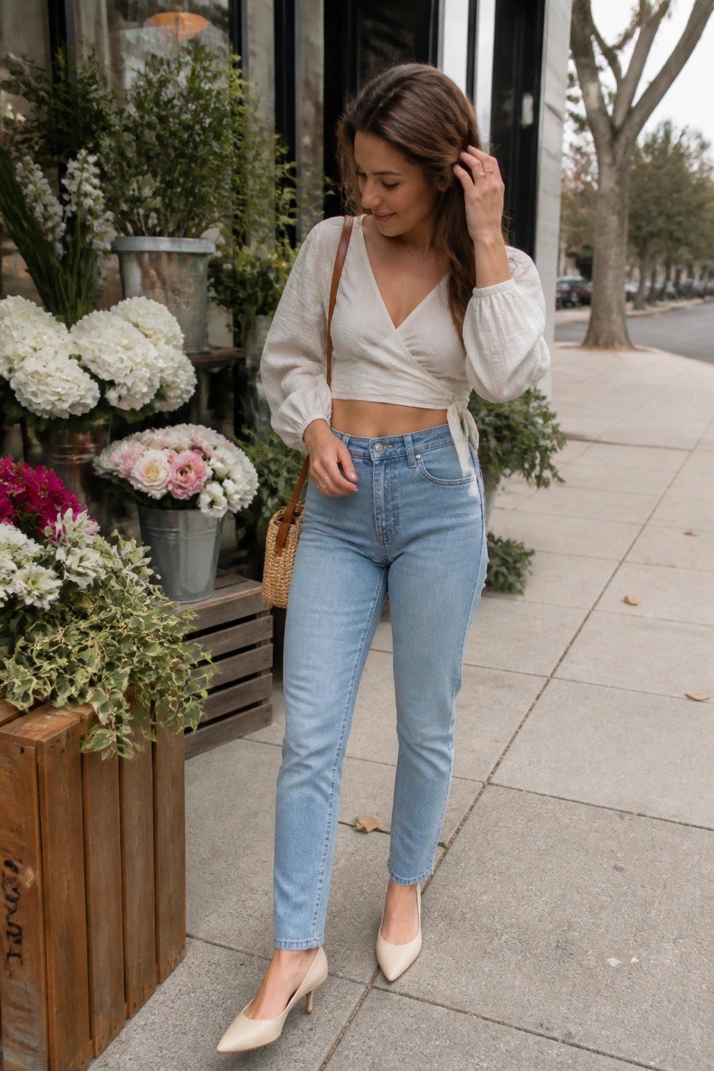 Woman wearing a cream wrap crop top with tie waist, light blue straight leg jeans, beige pointed toe kitten heels, and a small woven crossbody bag.