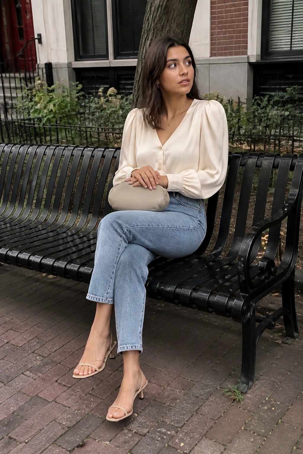 Woman in cream blouse and jeans seated on black bench holding beige clutch.