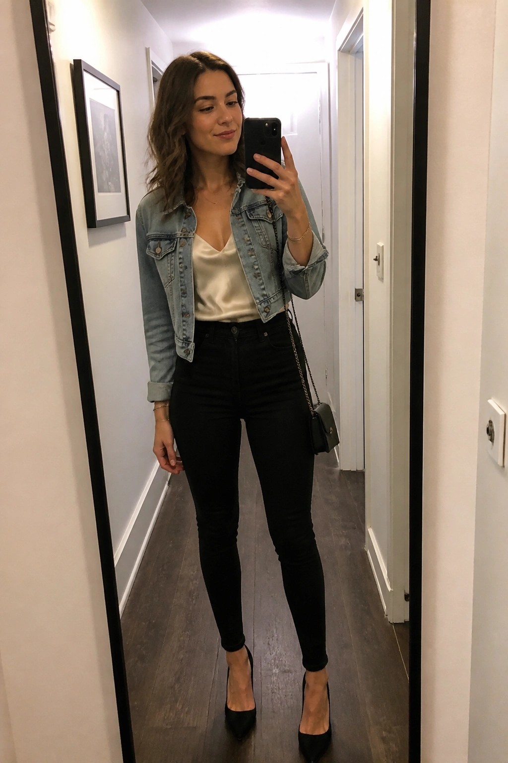 Woman in denim jacket and black jeans taking mirror selfie in hallway