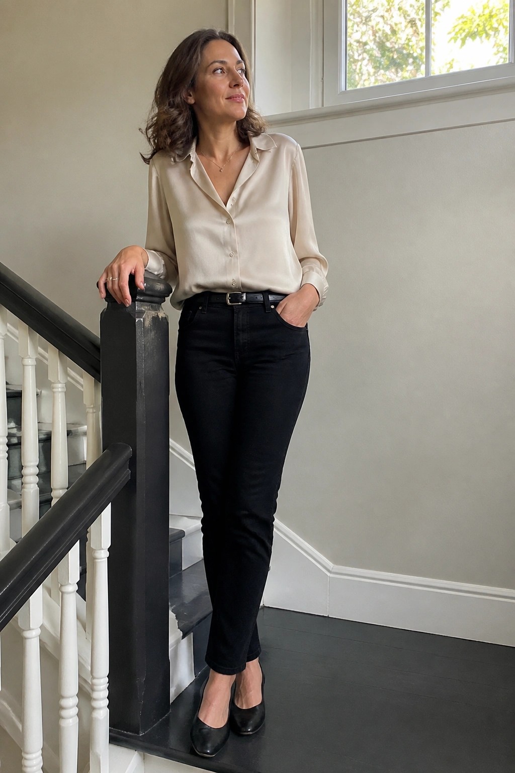 Woman in beige satin button-up blouse tucked into black skinny jeans with black belt and pointed black flats standing on indoor stairs with hand in pocket.