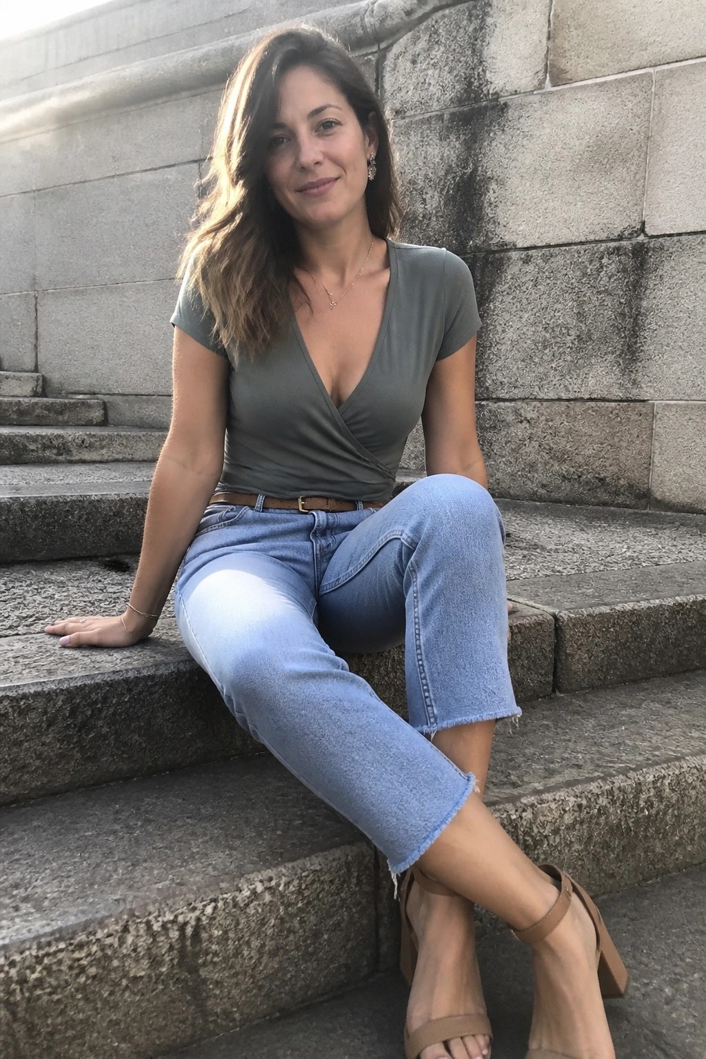 Woman in sage wrap top and cropped jeans seated on stone steps.